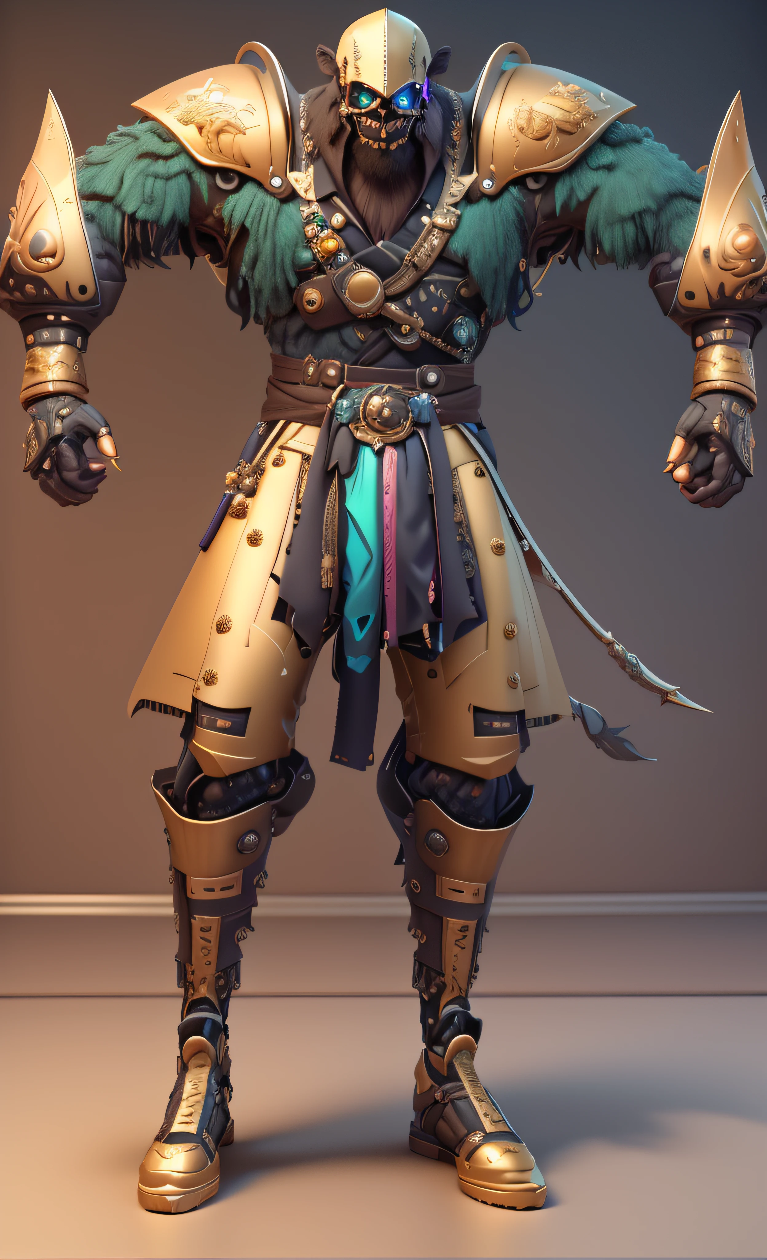 um close up de uma pessoa do sexo masculino em um traje com uma espada, luzes brilhantes na armadura, luz saindo da armadura, golden tech robes, vestes cyberpunk ornamentadas, 8k detalhe insano, cinematic full shot, rachaduras de linha brilhante na armadura, sea of thieves style, cinematic detail, com brilho em algumas de suas partes, pele azulada,  3d render em 8k, melhor qualidade, obra-prima, nikon, luz e sombras realista, 8k, ray tracing, NVIDIA, unreal engine 5,
