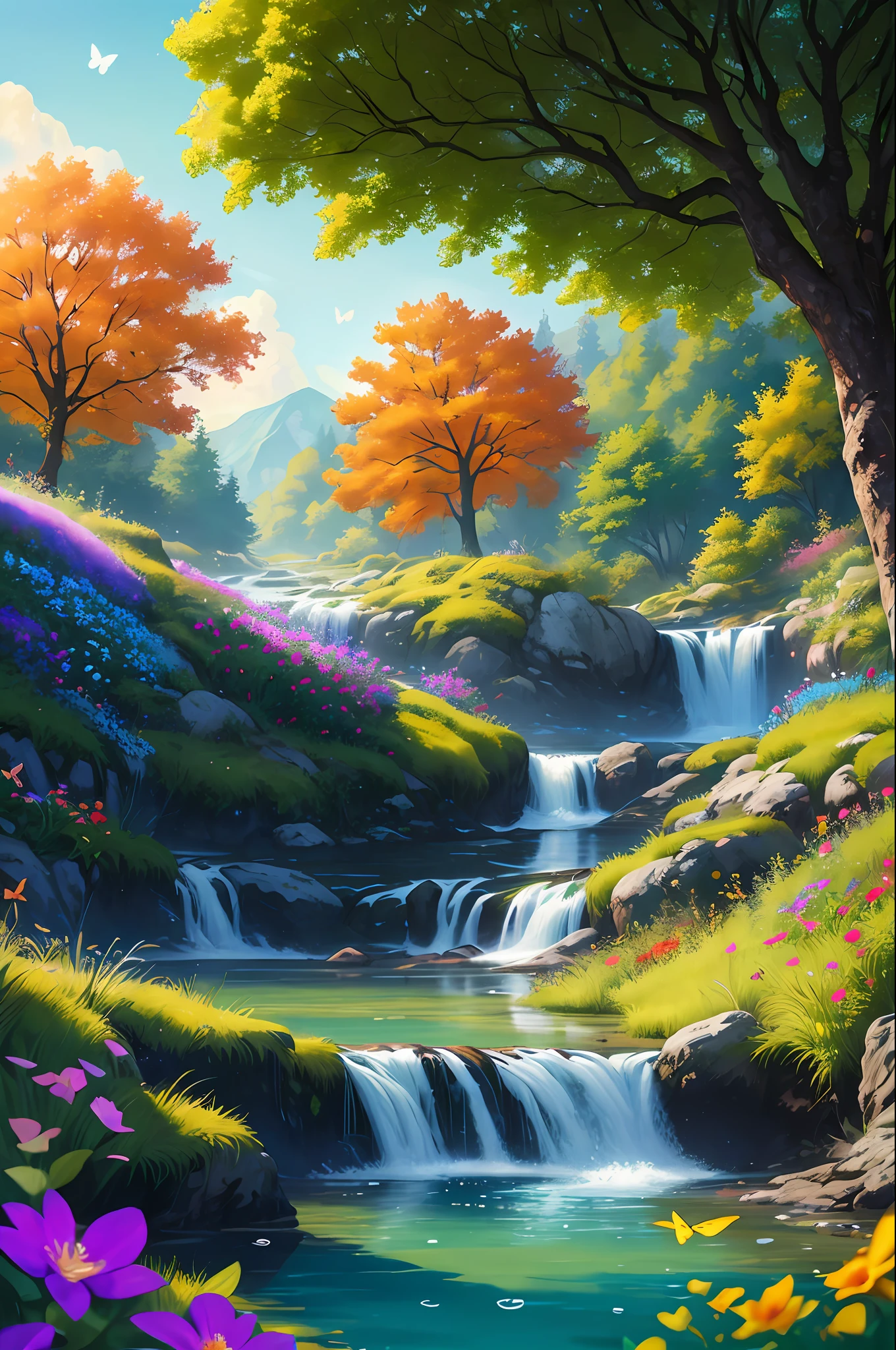 masterpiece, best quality, high quality, extremely detailed cg unity 8k wallpaper, an extremely colorful and purely fantasy environment with vibrant hues and a bright sky, landscape of bright green grass, colorful trees, glittering fruits, and bright blue flowers. the streams are a deep shade of blue, and the air is filled with sweet exotic scents. the environment appears to be taken out of a dream, with luminescent butterflies and giant colorful birds flying around, award winning photography, bokeh, depth of field, hdr, bloom, chromatic aberration ,photorealistic,extremely detailed, trending on artstation, trending on cgsociety, intricate, high detail, dramatic, art by midjourney