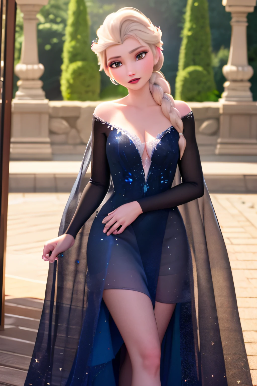 masterpiece:1.4), (best qualit:1.4), (high resolution:1.4), Digital art realistic, imagine v1, Elsa frozen, Frozen (black and dark-pink gown) grown-up, nightgown princess, Short sexy long skirt, transparent skirt and coat, sexy Elsa, Elsa Disney princess, beautiful Elsa, half open chest dress, beautiful art,