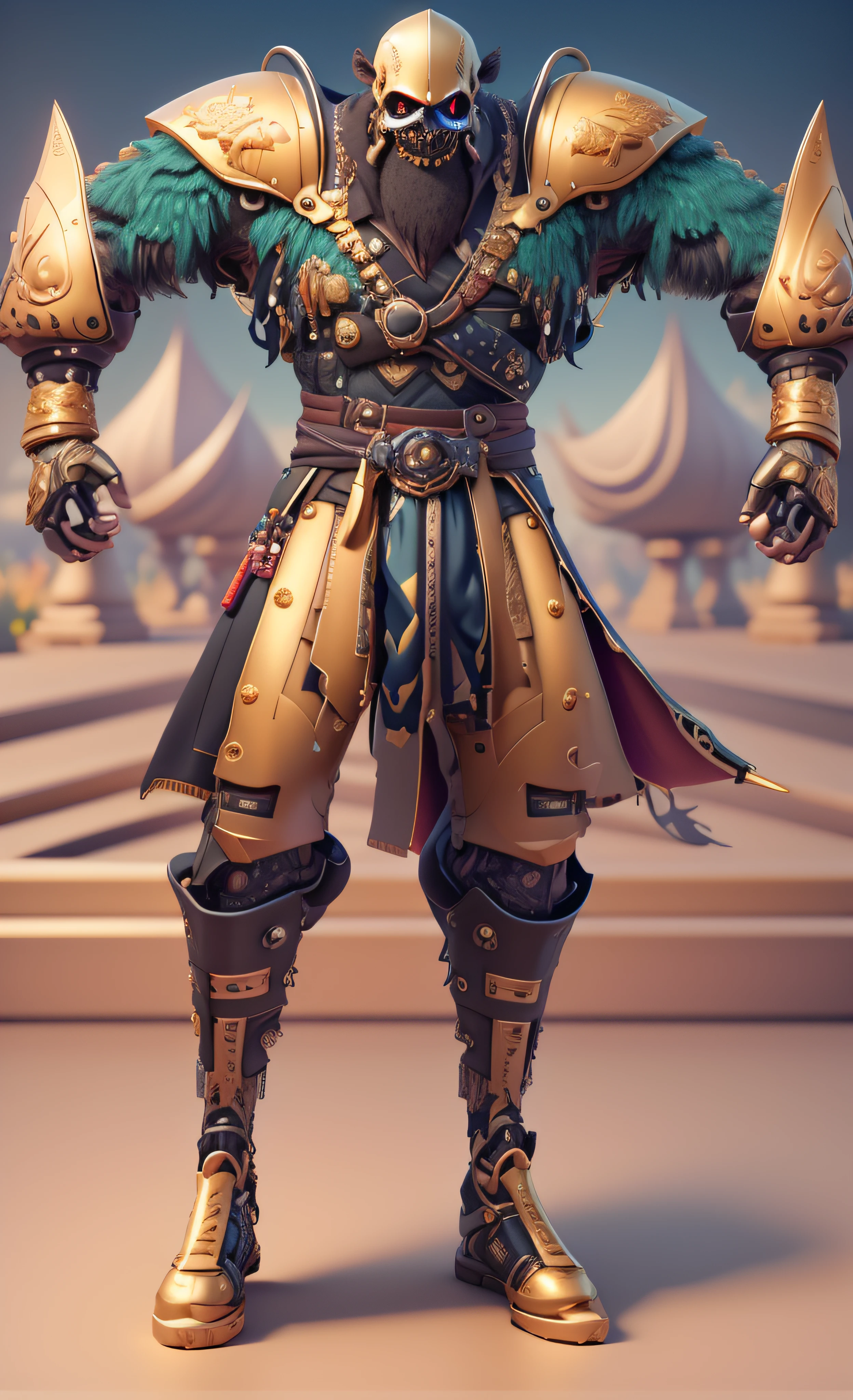 um close up de uma pessoa do sexo masculino em um traje com uma espada, luzes brilhantes na armadura, luz saindo da armadura, golden tech robes, vestes cyberpunk ornamentadas, 8k detalhe insano, cinematic full shot, rachaduras de linha brilhante na armadura, sea of thieves style, cinematic detail, com brilho em algumas de suas partes, pele azulada,  3d render em 8k, melhor qualidade, obra-prima, nikon, luz e sombras realista, 8k, ray tracing, NVIDIA, unreal engine 5,
