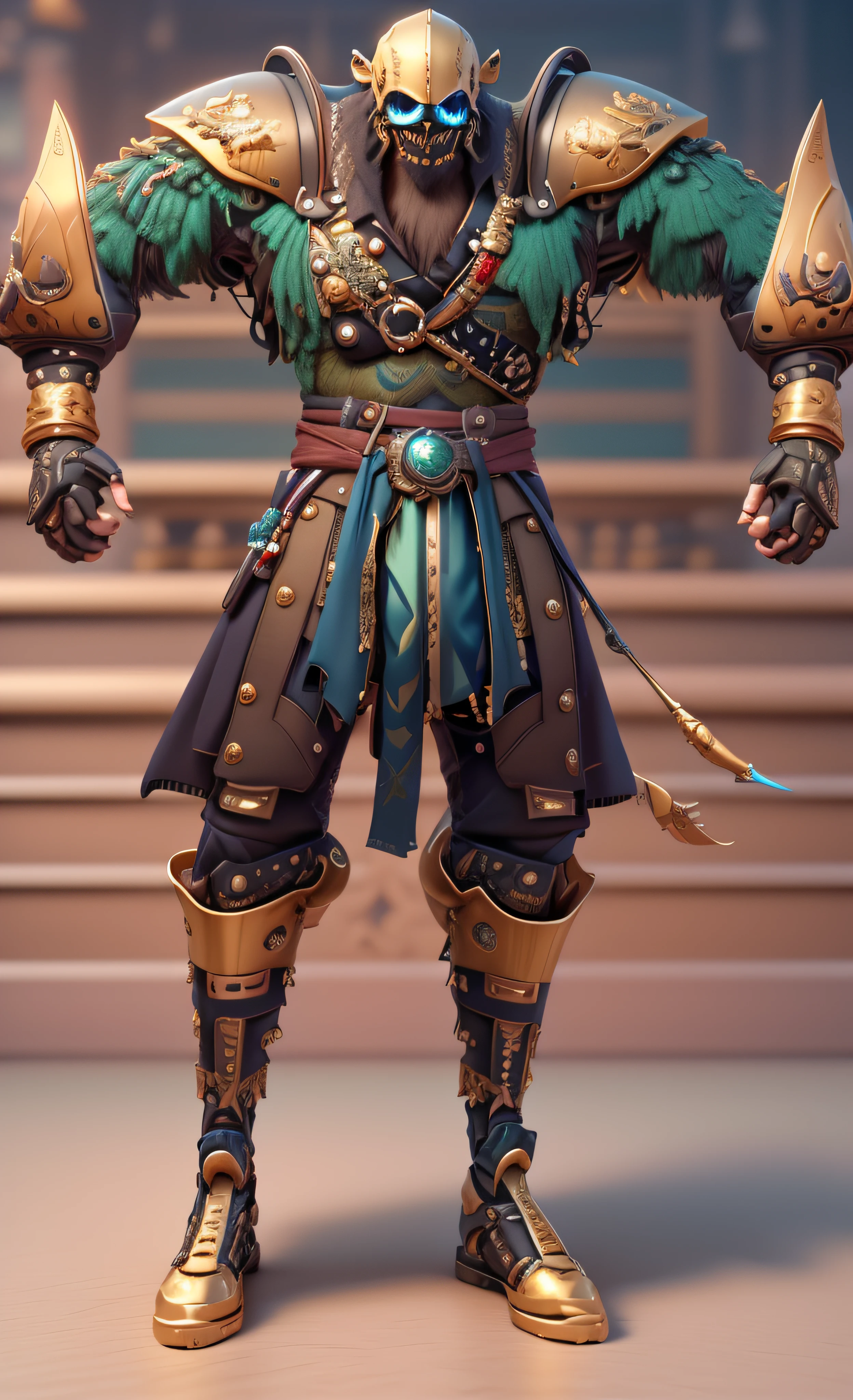 um close up de uma pessoa do sexo masculino em um traje com uma espada, luzes brilhantes na armadura, luz saindo da armadura, golden tech robes, vestes cyberpunk ornamentadas, 8k detalhe insano, cinematic full shot, rachaduras de linha brilhante na armadura, sea of thieves style, cinematic detail, com brilho em algumas de suas partes, pele azulada, 3d render em 8k, melhor qualidade, obra-prima, nikon, luz e sombras realista, 8k, ray tracing, NVIDIA, unreal engine 5,