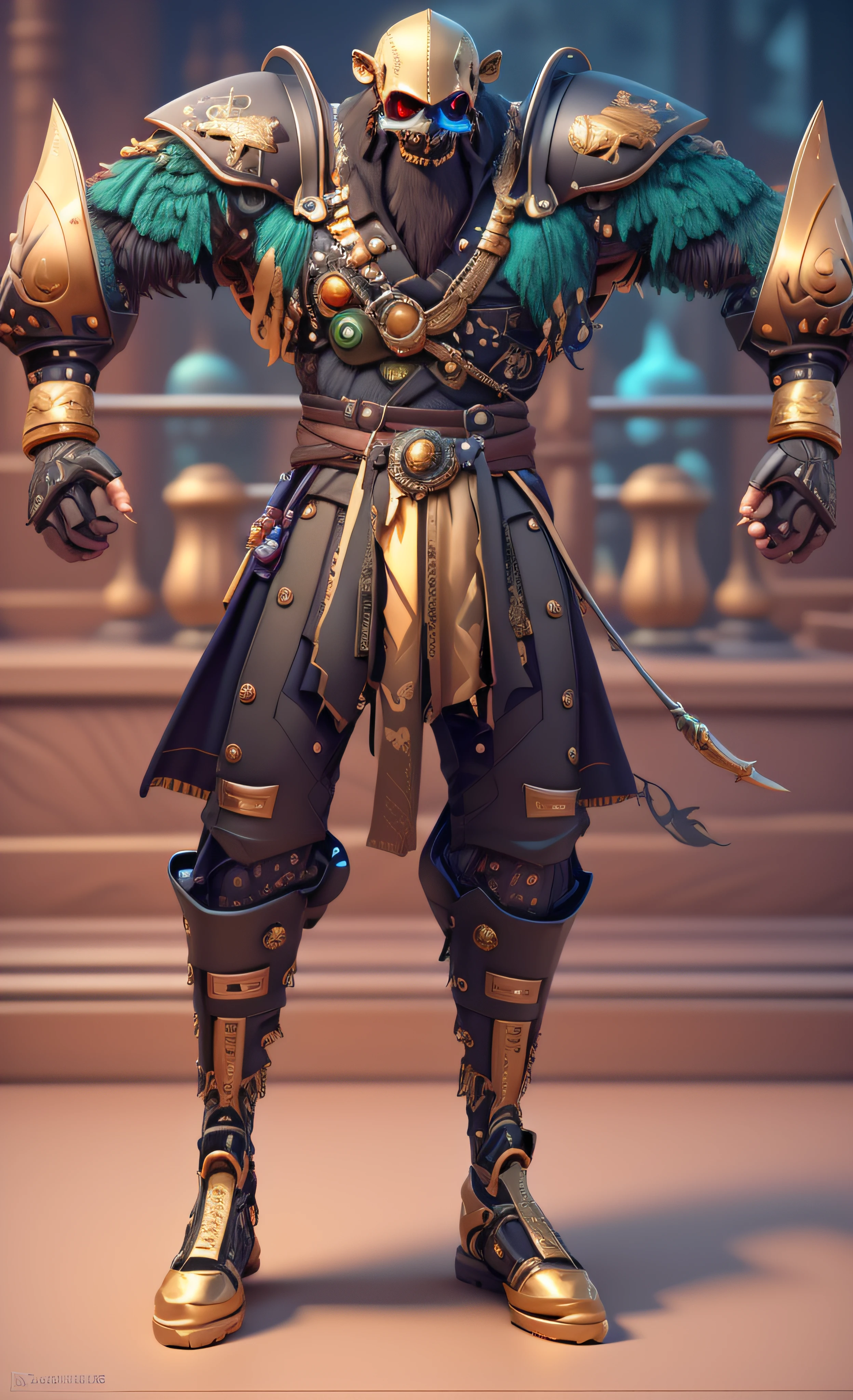 um close up de uma pessoa do sexo masculino em um traje com uma espada, luzes brilhantes na armadura, luz saindo da armadura, golden tech robes, vestes cyberpunk ornamentadas, 8k detalhe insano, cinematic full shot, rachaduras de linha brilhante na armadura, sea of thieves style, cinematic detail, com brilho em algumas de suas partes, pele azulada,  3d render em 8k, melhor qualidade, obra-prima, nikon, luz e sombras realista, 8k, ray tracing, NVIDIA, unreal engine 5,