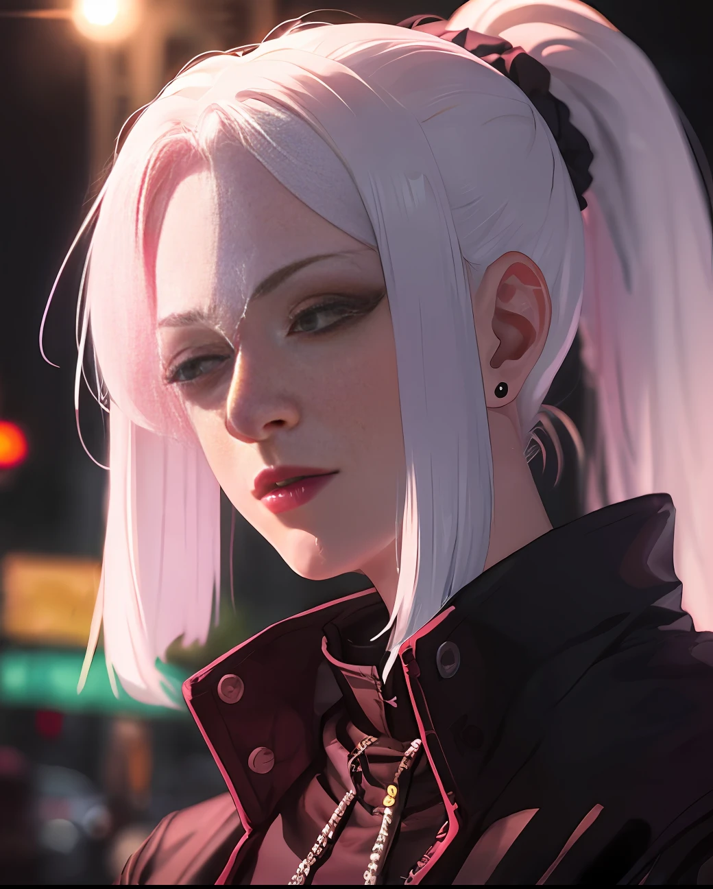 lucy \(cyberpunk\), 1girl, hair scrunchie, hime cut, silver hair, colored tips, full moon, grey eyes, jacket, long sleeves, looking at viewer, medium hair, multicolored hair, parted bangs, parted lips, pink hair, portrait, red eyeliner, red lips, solo, white jacket, cyberpunk \(series\), rainy night in a cyberpunk city with glowing neon lights