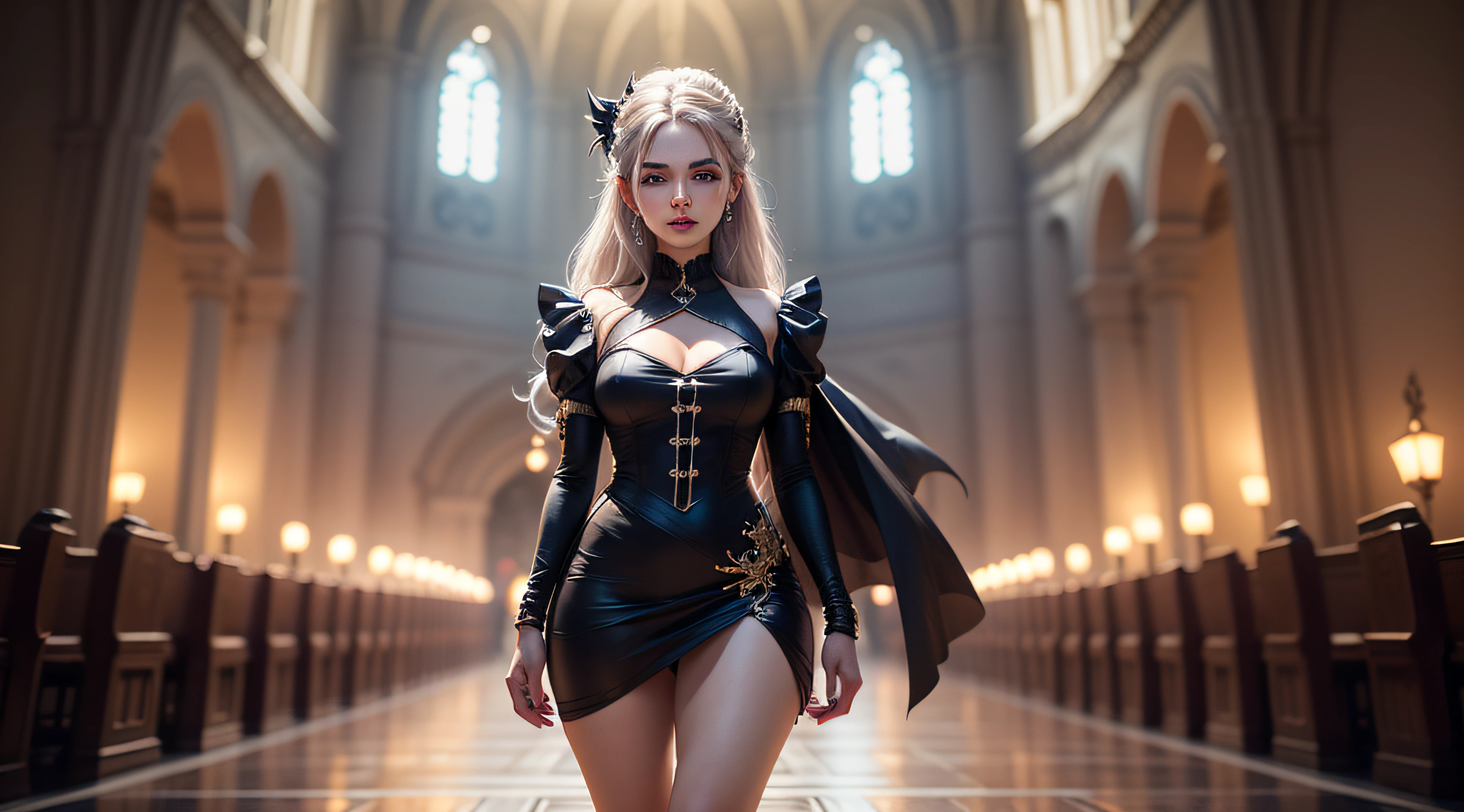 luz fraca, igreja velha, uma mulher vampiro, redlips, expor presa de vampiro, pupilas azuis brilhantes, magro, alto, cabelo encaracolado preto longo, capa preta longa, leotardy vermelho longa, saia-renda longa com diamante, pulseira de ouro, 8k, motor Unreal, altamente detalhado, full-body resolution, (Skindentation: 1.5), realista, realista, (obra-prima: 1.5), arte conceitual, detalhes intrincados, altamente detalhado, realista, octane rendering, 8K, motor irreal, dinamic pose, melhor qualidade, alta resolução, (rosto realista: 1.1), (hiper-realismo: 1.1) , ((full_body)), olhos perfeitos, (pele brilhante: 1.2), ((penteado))), ((perfect hands))), (fundo muito detalhado), ((dynamic background), ((1girl)), ((Olhos detalhados, Olhos de alta qualidade, Rosto de alta qualidade)), magia, (dramatic), epic, profundidade de campo, bokeh, 4k, gotica, particules --auto