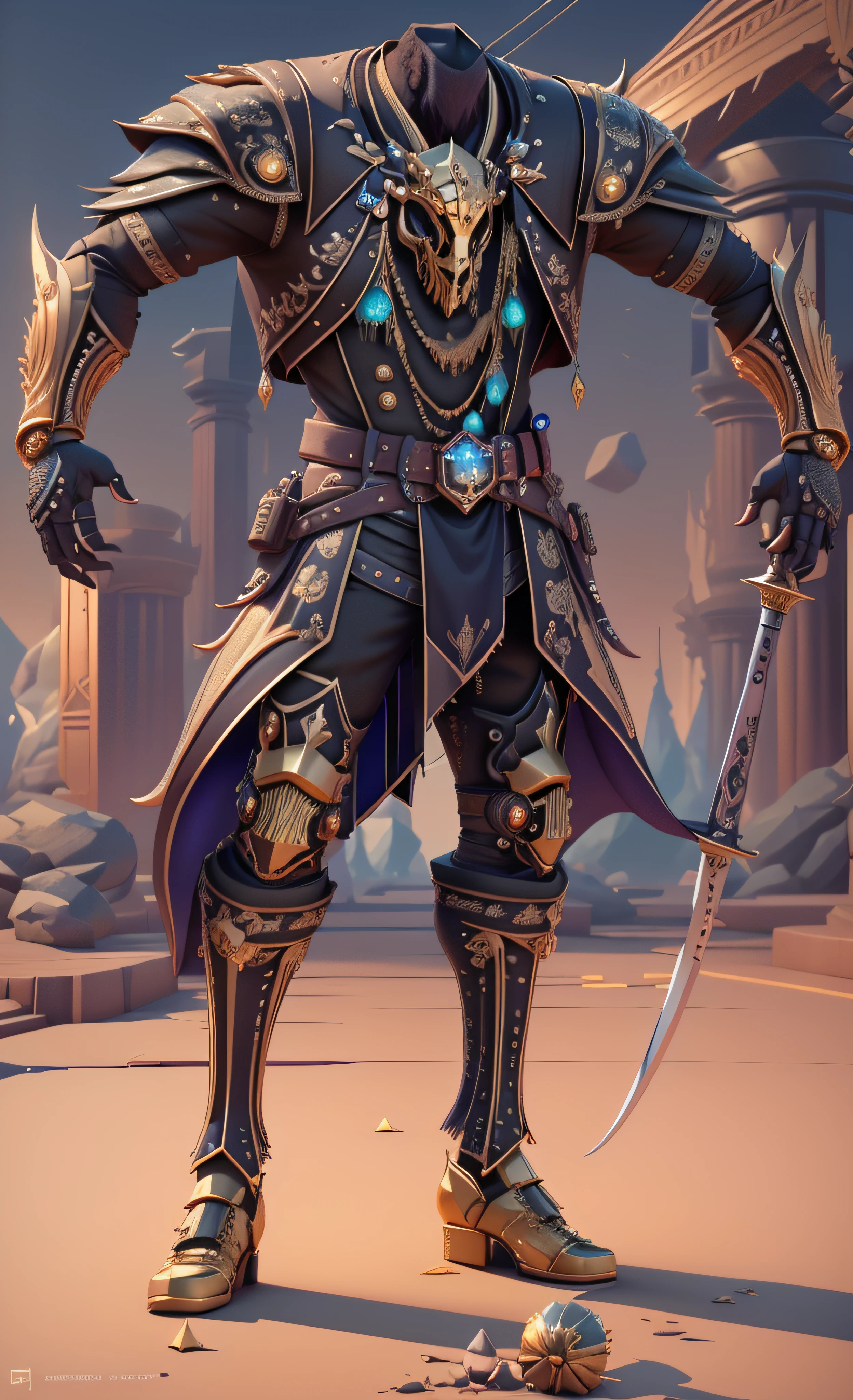 um close up de uma pessoa do sexo masculino em um traje com uma espada, luzes brilhantes na armadura, luz saindo da armadura, golden tech robes, vestes cyberpunk ornamentadas, 8k detalhe insano, cinematic full shot, rachaduras de linha brilhante na armadura, sea of thieves style, cinematic detail, com brilho em algumas de suas partes, pele azulada, 3d render em 8k, melhor qualidade, obra-prima, nikon, luz e sombras realista, 8k, ray tracing, NVIDIA, unreal engine 5,