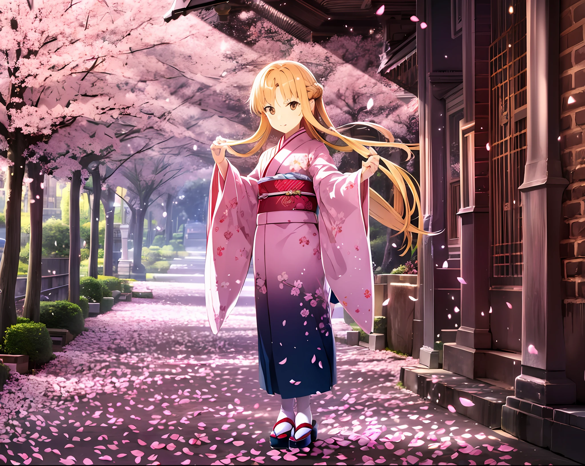 full frame, full body, detailed and detailed Russian girl, unusually beautiful with a long light blond braid of hair, age 16, walks along the alley with cherry blossoms in kimono and gane shoes, detailed and detailed kimono color dark blue brocade with application in the form of sakura inflorescences, detail dark blue gane,detailed alley strewn with fallen sakura petals, ultra high resolution, clear focus, super detailed, natural light, sun rays, rim light, cinematic photo tinting, hyperphotorealism, William Mortensen style --auto --s2