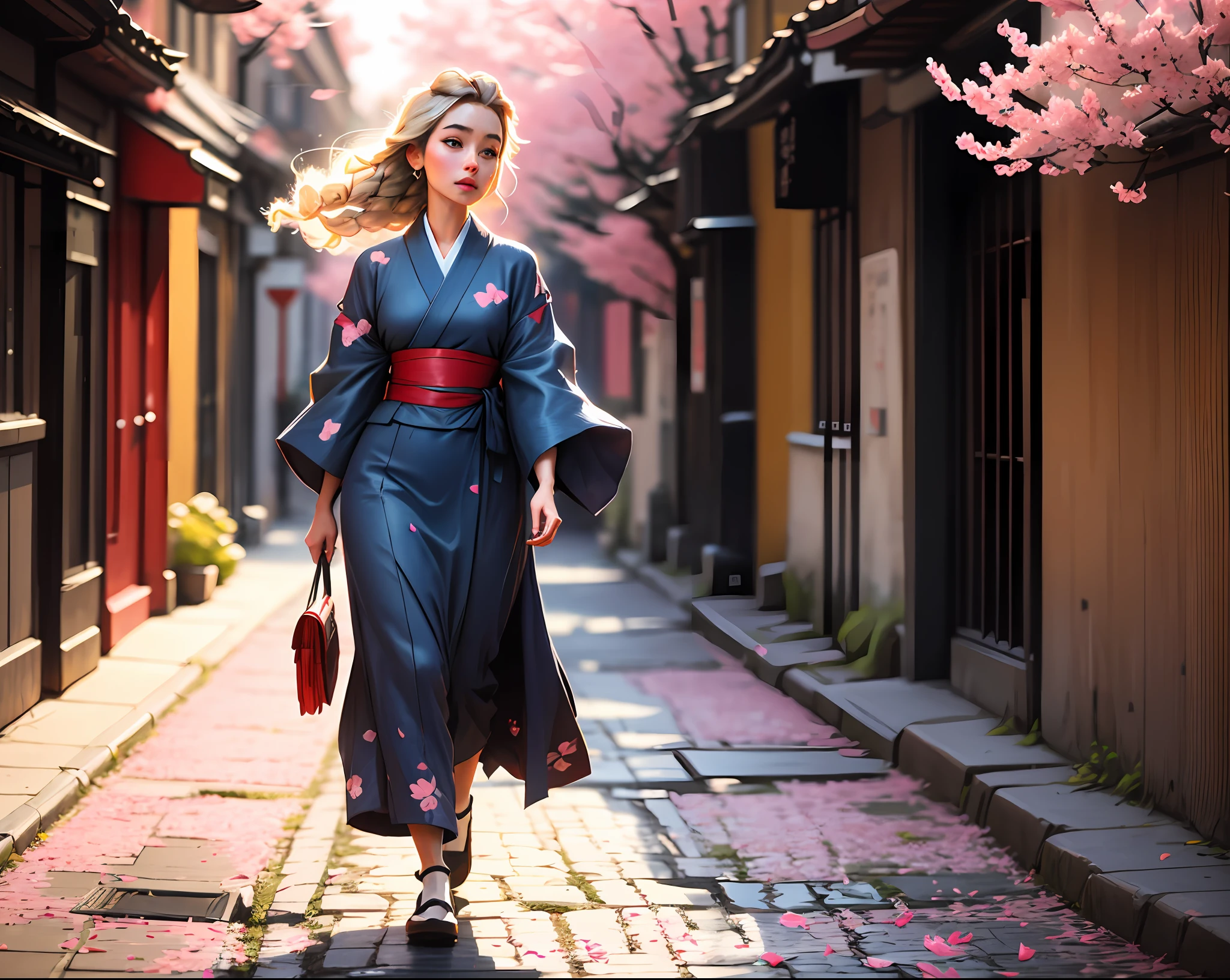 full frame, full body,hyperphotorealism, detailed and detailed Russian girl, unusually beautiful with a long light blond braid of hair, , walks along the alley with cherry blossoms in kimono and gane shoes, detailed and detailed kimono color dark blue brocade with application in the form of sakura inflorescences, detail  dark blue gane,detailed alley strewn with fallen sakura petals, ultra high resolution, clear focus, super detailed, natural light, sun rays, rim light, cinematic photo tinting, hyperphotorealiusm, William Mortensen style --auto --s2