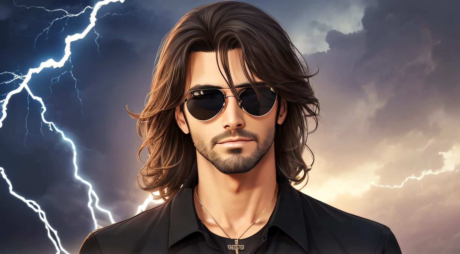 menino 30 anos, with sunglasses and a black shirt IN WITH A CROSS, posando para uma foto, retrato, CABELOS LONGOS E COMPRIDOS muito longos escuros , fundo de raios, eletricidade, raio, thunders, lighnings, luz.