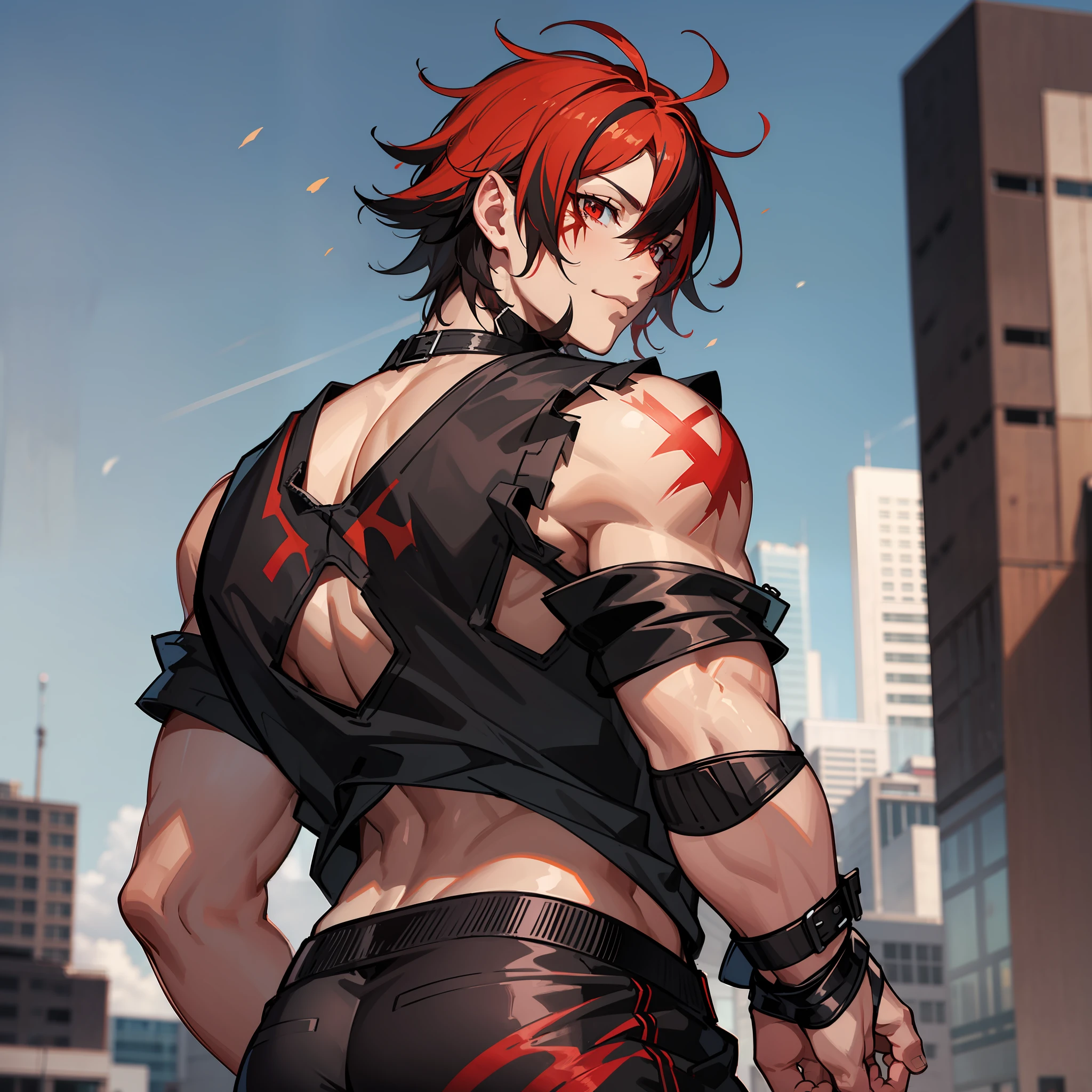 male orc, tall, hefty, black all back short hair and red streaked hair, Red eyes, scars on the face, No-sleeves tank top, Jacket, sport shoes, Villain, anime figure