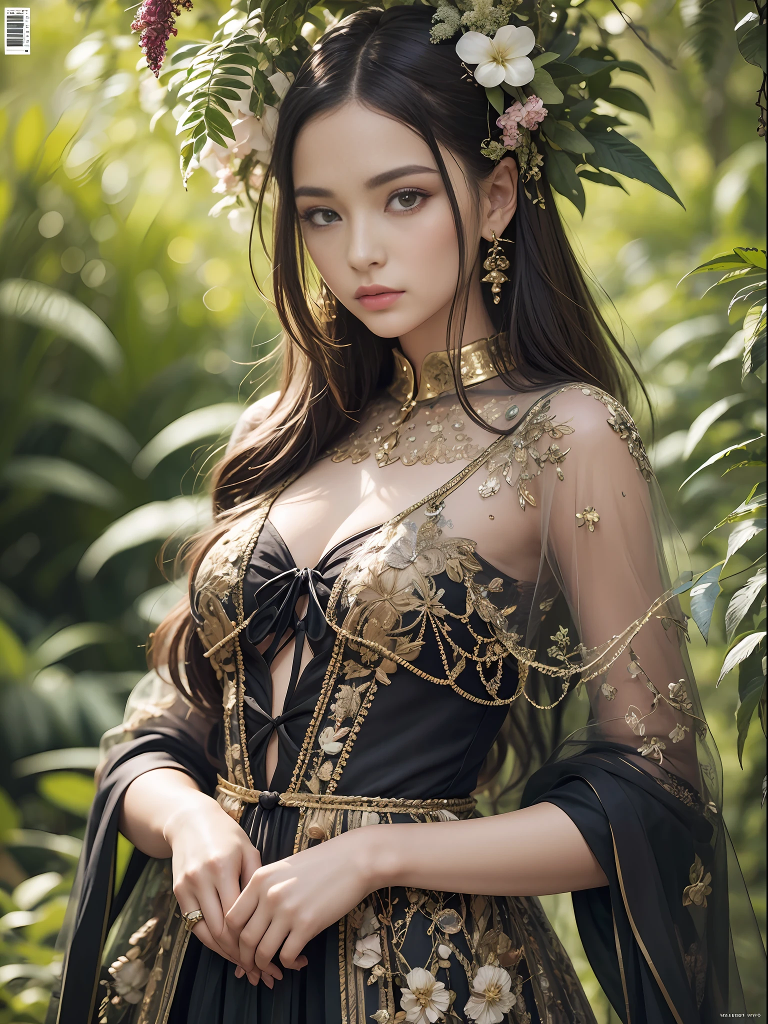 A close-up shot of a model in a detailed Valentino ensemble, surrounded by lush greenery. This image by Albert Watson for AnOther Magazine reflects the intricate relationship between high fashion and the natural world  --ar 1:1 50 --style raw --s 2