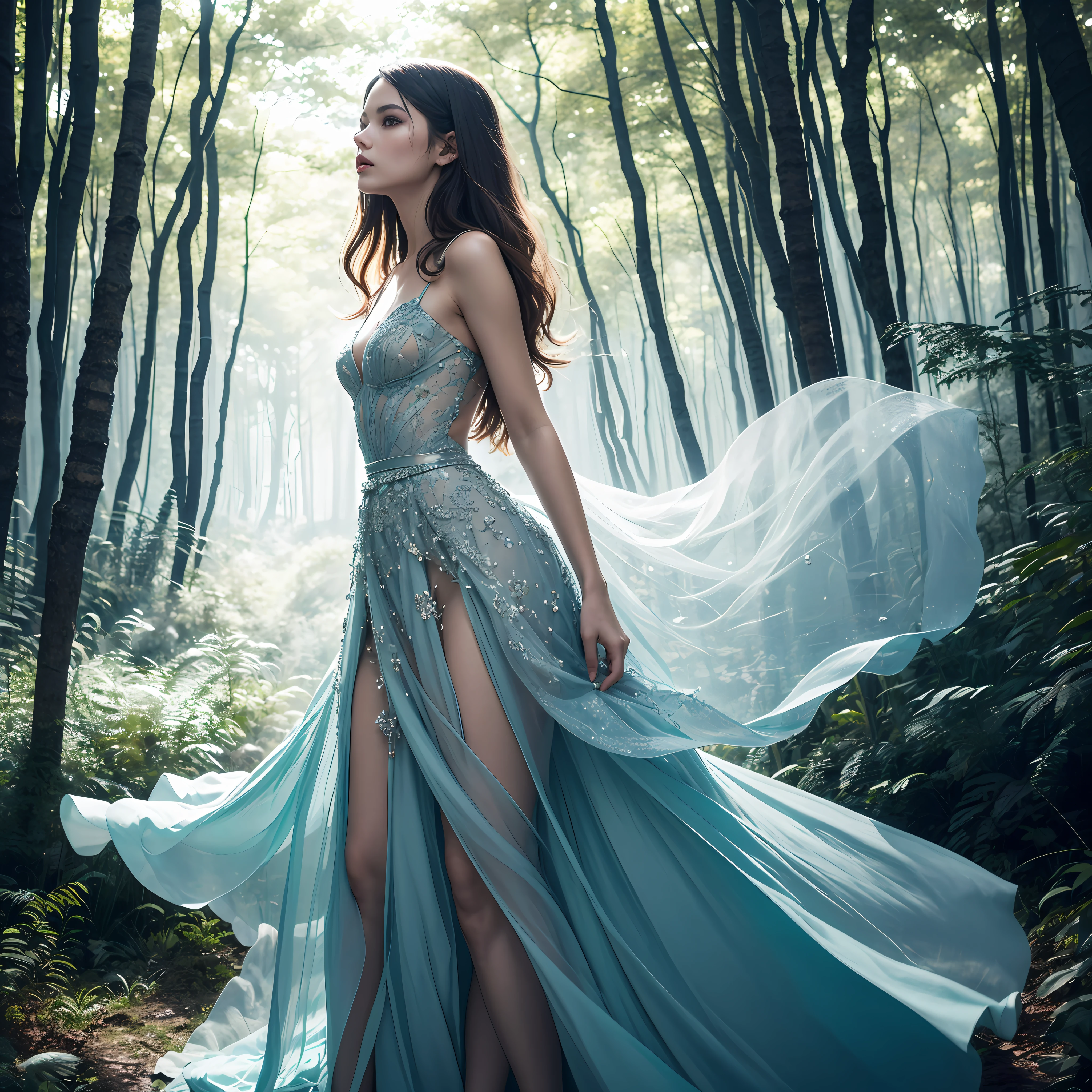 A high-fashion model in a flowing Elie Saab dress, posed amidst an enchanted forest. The profile shot for Marie Claire by Tim Walker harmoniously blends fashion with nature --ar 2:3 50 --style raw --auto --s 2