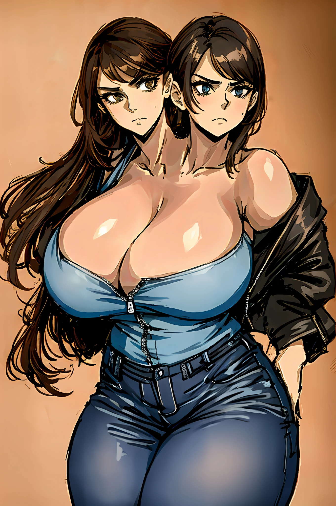 2heads, a chubby woman with two heads. She has gigantic breasts. She has long brown hair in a ponytail. She is wearing a leather jacket with nothing underneath. Her jacket is unzipped and exposing her enormous breasts. She is wearing tight jeans. She has thick thighs and enormous breasts. She has an annoyed look. Huge breasts.
