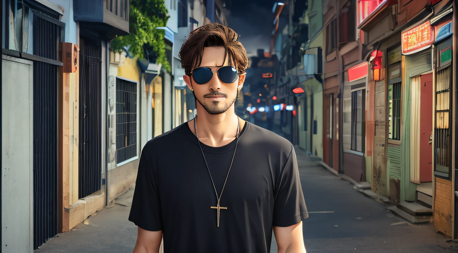 30 anos, with sunglasses and a black shirt USANDO UMA WITH A CROSS, posando para uma foto, retrato, CABELOS LONGOS E COMPRIDOS muito longos escuros , fundo de raios, eletricidade, raio, thunders, lighnings, luz.
