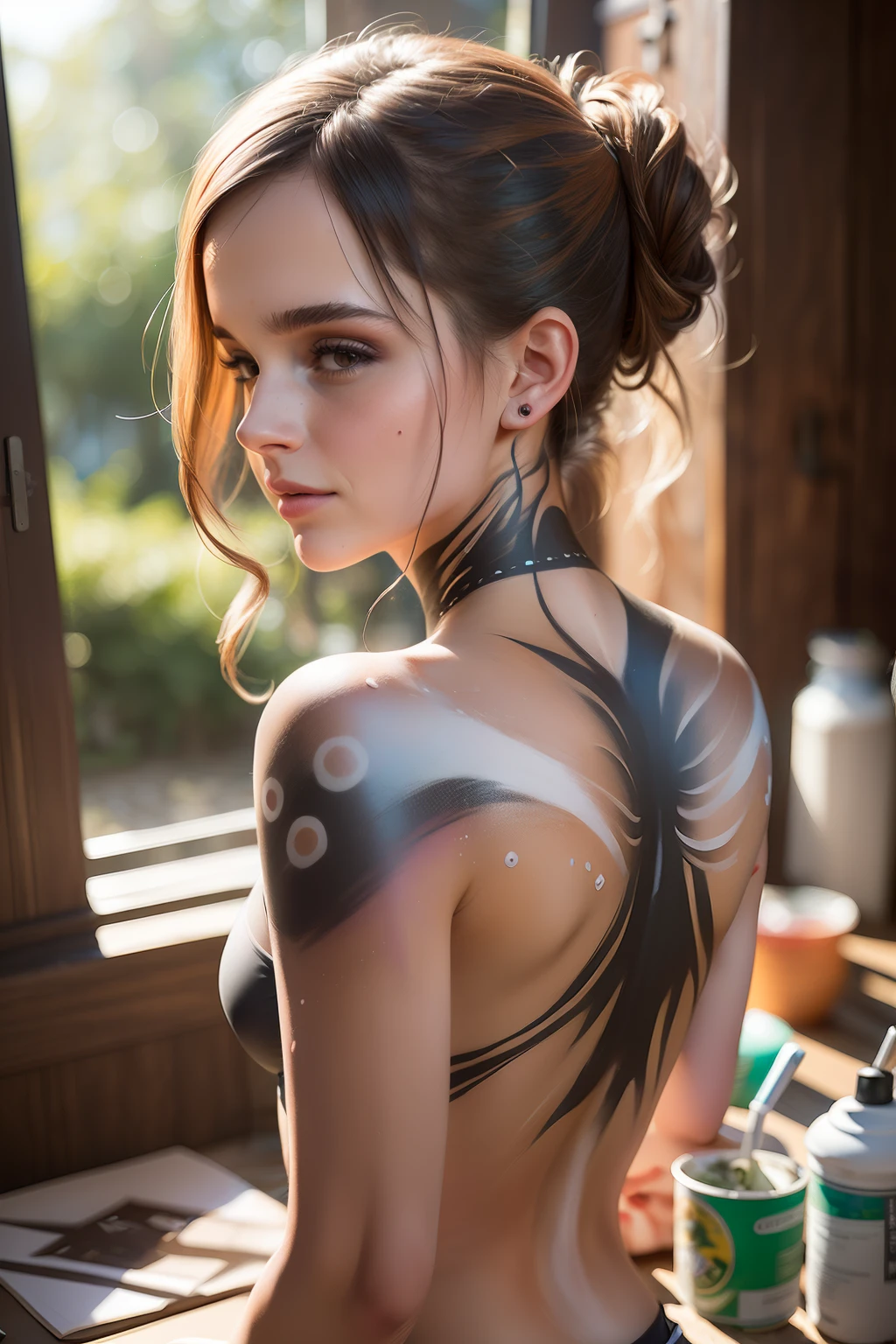 (Emma Watson steht in ihrem Maler-Atelier), ((sehr schlanke Rau)) ((body painting)), (fotorealistisch), (Raytracing), (scharfer Fokus), (unpainted back),  There are splashes of paint everywhere, ((nasse Haut)), ((Perfekter kleiner Hintern)), ((knackiger Po)), ((Perspektive von hintern)), ((Blick von hinten)), ((der Hintern steht im Fokus)), (natural skin texture)), (fotorealistisch), (Raytracing), (Kinobeleuchtung)