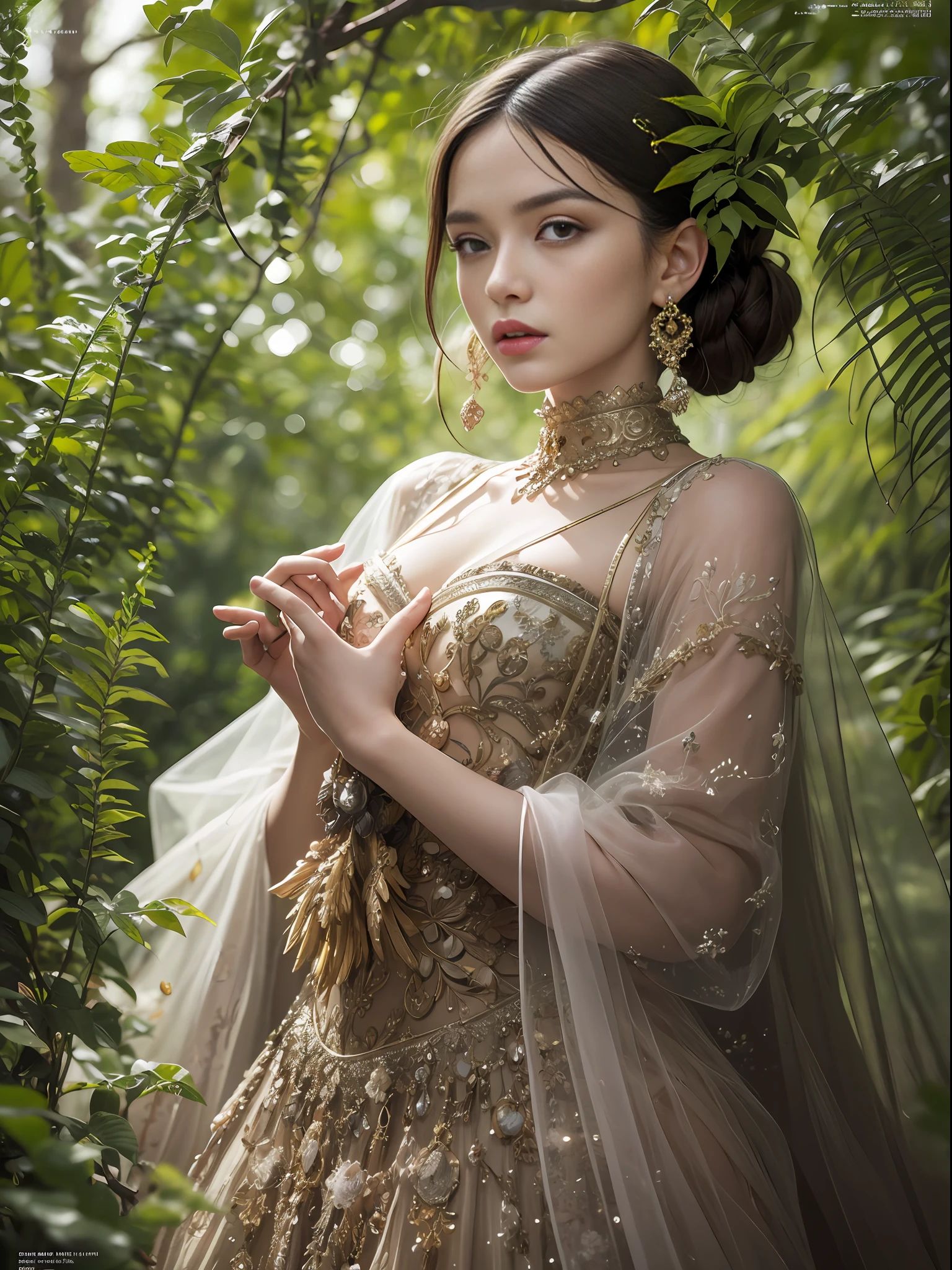 A close-up shot of a model in a detailed Valentino ensemble, surrounded by lush greenery. This image by Albert Watson for AnOther Magazine reflects the intricate relationship between high fashion and the natural world  --ar 1:1 50 --style raw --s 2