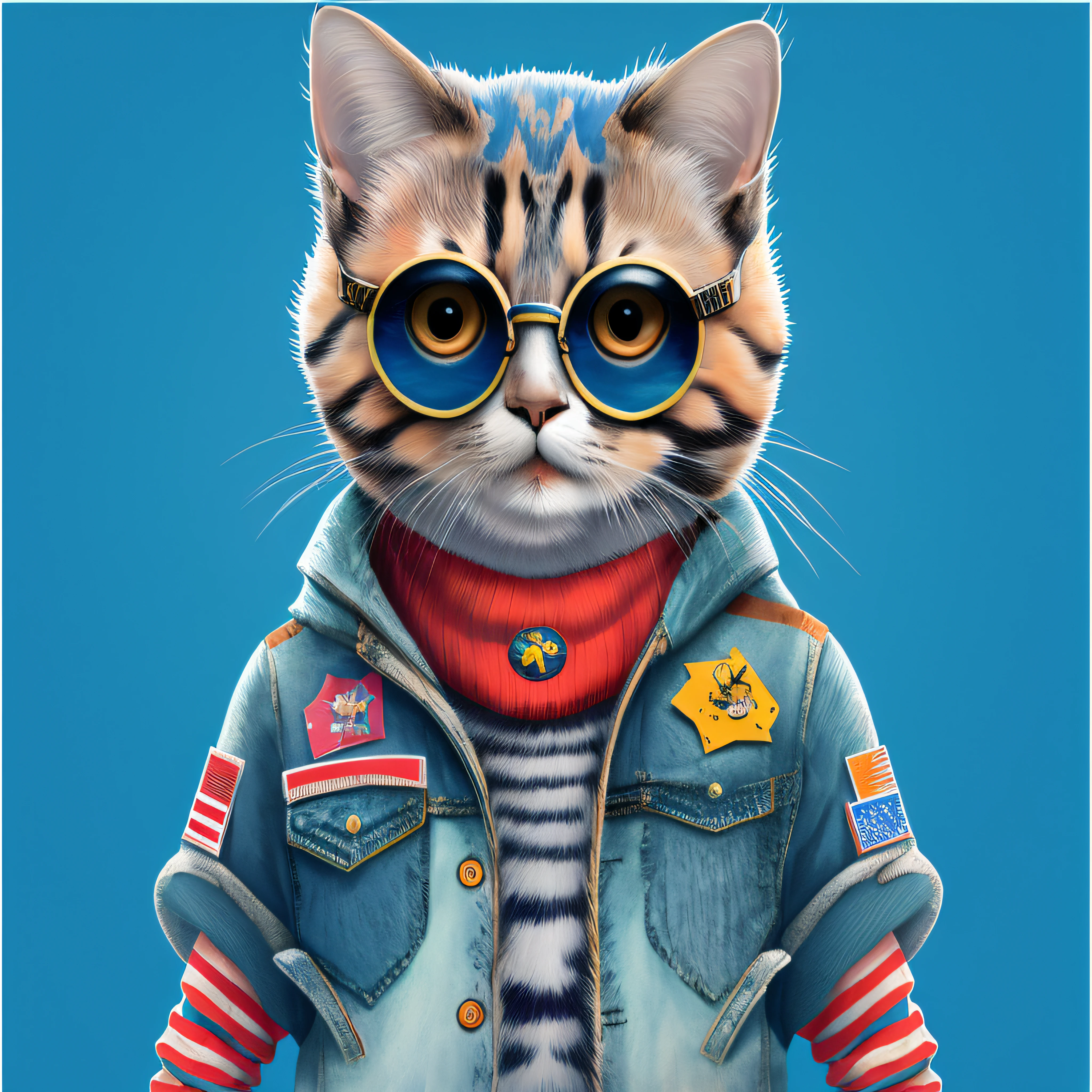 there is a cat wearing a denim jacket and sunglasses, arte digital detalhada bonito, stunning digital illustration, in digital illustration style, anthropomorphic female cat, gato astronauta, painting digital adorable, Gato. pintura digital, gato espacial, design do gato, illustration of a cat, Beeple e Jeremias Ketner, gato detalhado, Jen Bartel, fabulous illustrations