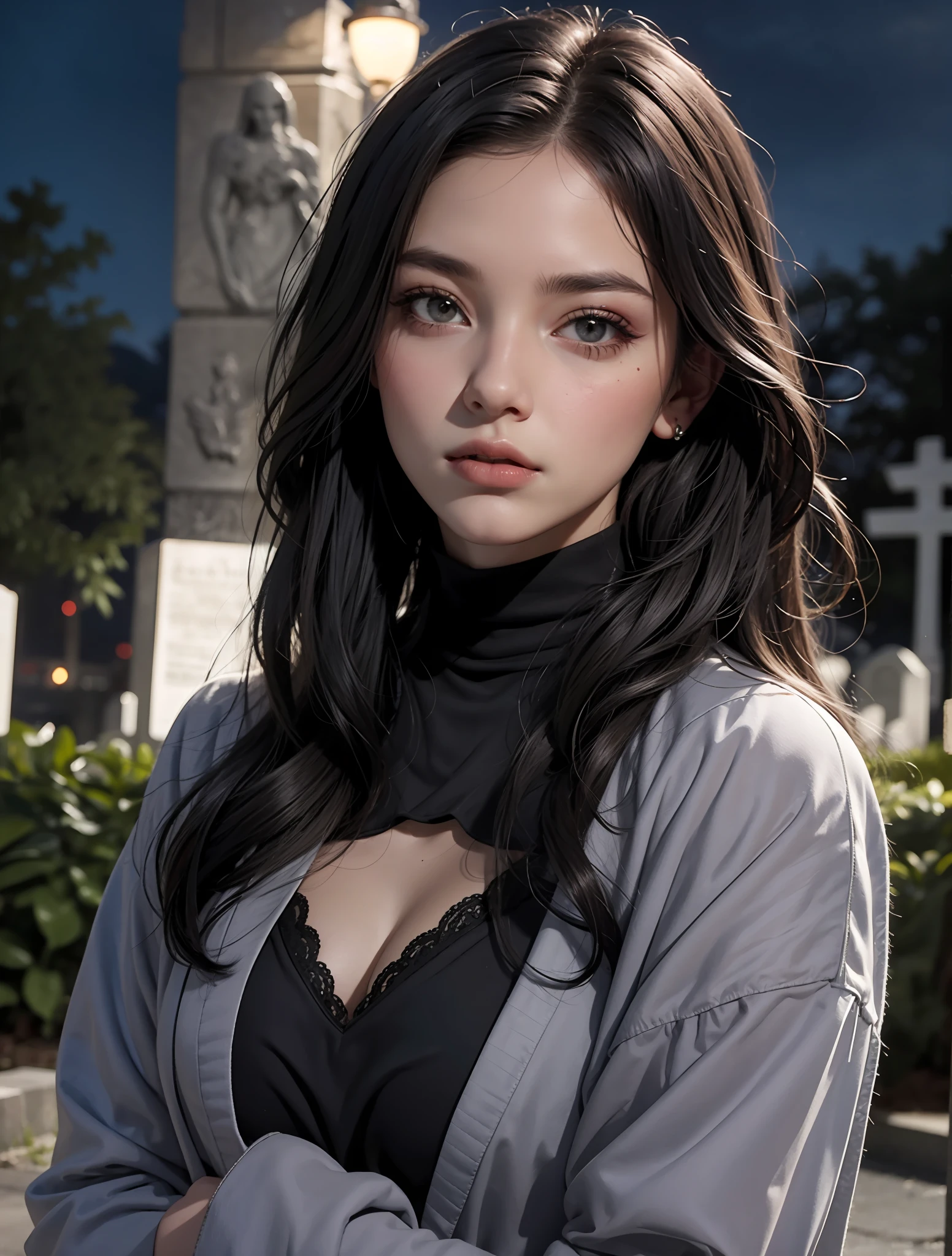 realista, 1Menina, cabelo preto, Cabelo Ondulado Longo, - Olhos violetas, olhar sombrios,  jaqueta de couro, fantasia, Cemetery at night in the background, Serious expression, mid breasts, Crescer, sardas em todo corpo, boca fechada