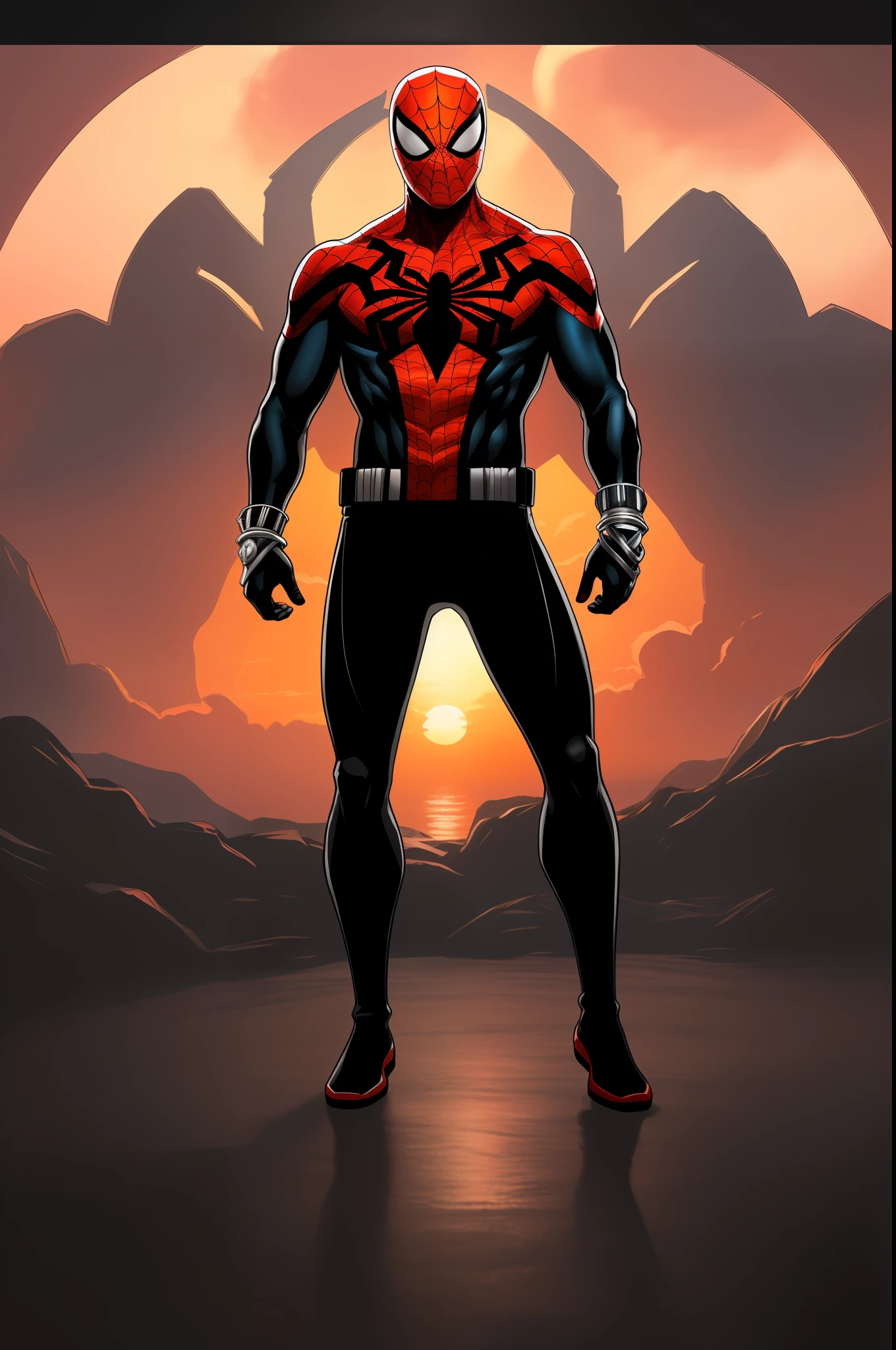(((full body of male supspr))), (((silver bracelets))), (((sharp fingers))), a spider - man in a red and black suit looking at the sunset, 8k, unreal engine, octane render, by seunghee lee, Jang Tae-Hwan, Chocofing R, seungho lee, trending on pixiv, fanbox, skeb, masterpiece, smooth soft skin, big dreamy eyes, beautiful intricate colored hair, symmetrical, anime wide eyes, soft lighting, concept art, digital painting,