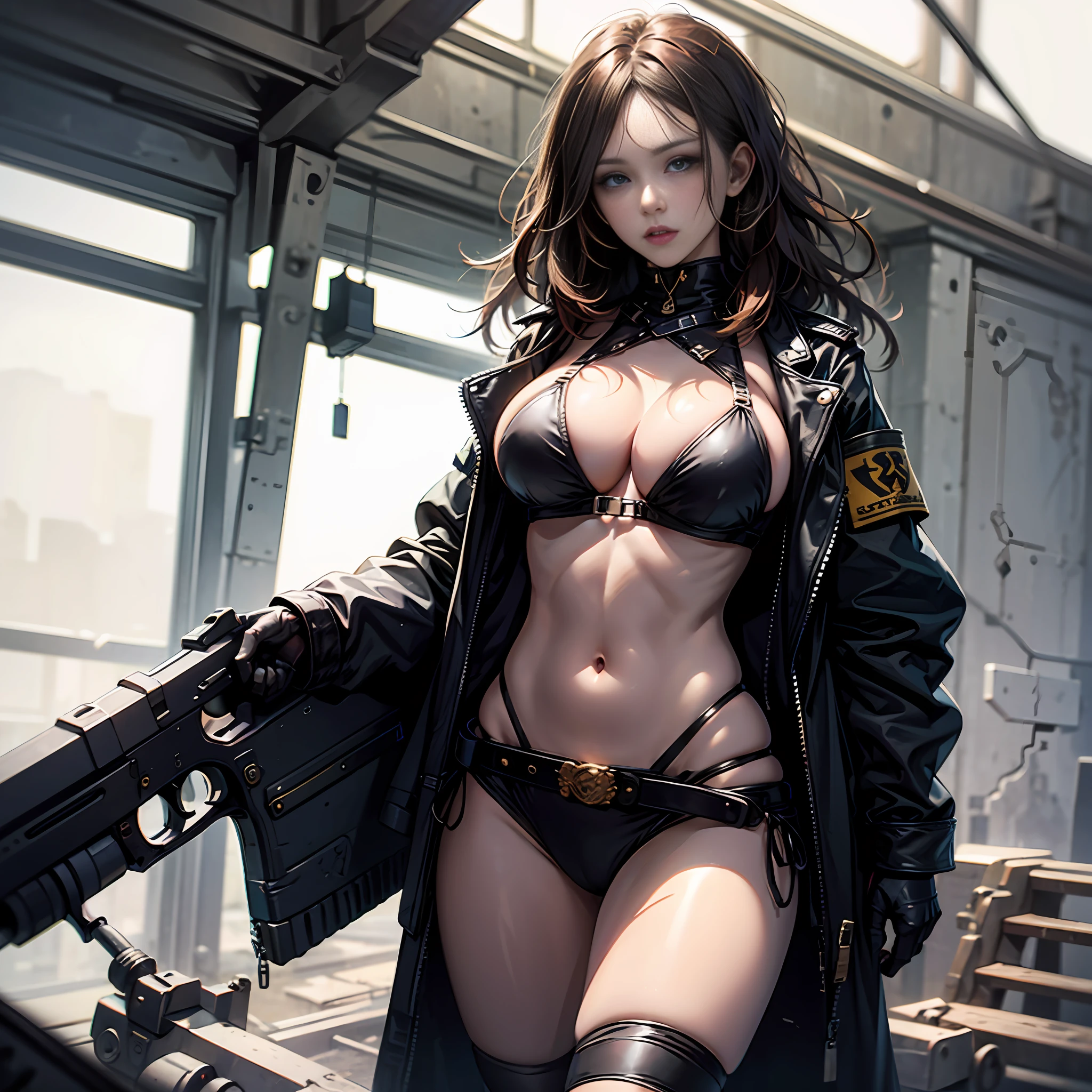Long-haired beauty,cleavage exposed,Large big tits,blackleather,Bikini Big breast+Tattered military uniforms,Military,tactics,guns,Load-bearing vest --auto