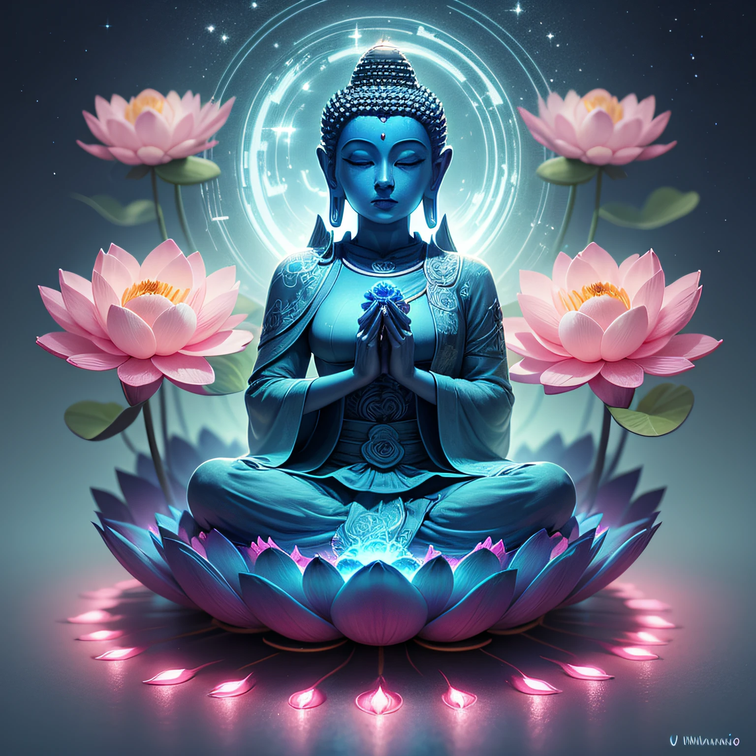 lotus flower that glows in the dark, uma flor brilhante, a Buddha sitting on a lotus flower, a magical colorful flower shades of blue, uma flor surreal de um waiko, a bright neon flower, uma flor delicada brilhante --auto --s2
