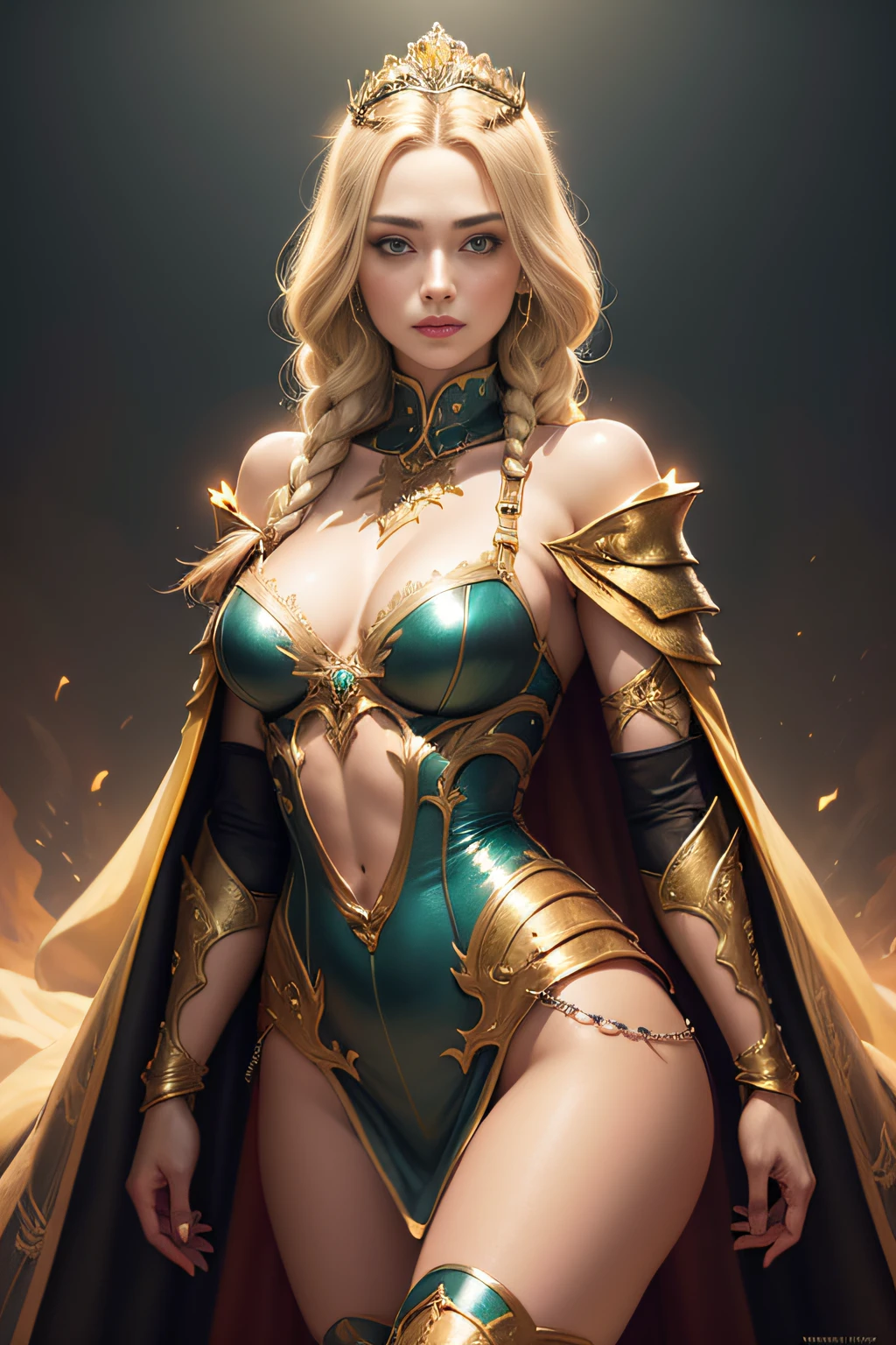 Blonde haired woman with braids, (medieval punk green neckline armor). Bright chrome gold lingerie with sharp reflections. Gems. Bare shoulders. (tiara). Low muscle definition. Beautiful legs. Bare shoulders visible. Detailed lighting. Artwork. Extreme beauty. Clothing with intense colored gradient effect. Professional image with high saturation. Professional camera. Illustration. Vibrant colors. vibrant yellow eyes, thin, fur cape, bright golden eyes, symmetry, intense look, black details on clothes, golden aura