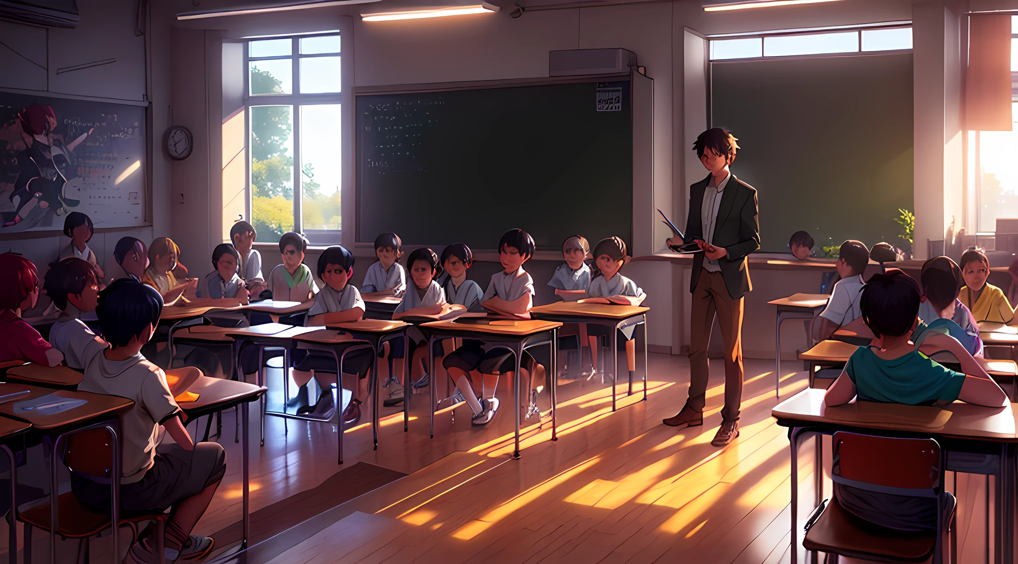 there is a man standing in front of a classroom full of children, Makoto Shinkai. Octane render, typical anime classroom, Classe escolar, Octane render. por Makoto Shinkai, studio glibly makoto shinkai, Greg Rutkowski Makoto Shinkai, Makoto Shinkai. —h 2160, por jeonseok lee