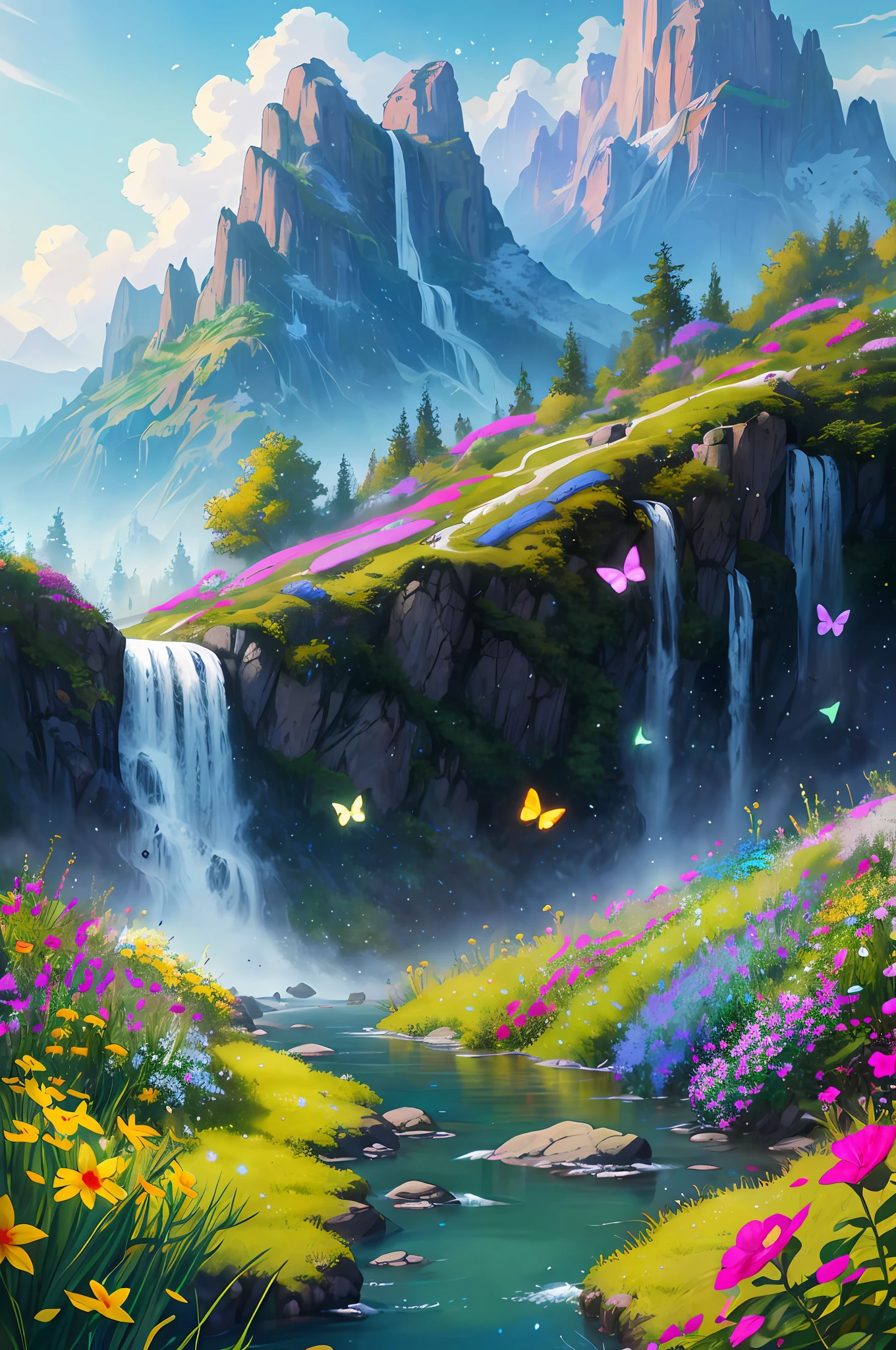 masterpiece, best quality, high quality, extremely detailed cg unity 8k wallpaper, an extremely colorful and purely fantasy environment with vibrant hues and a bright sky, landscape of bright green grass, colorful trees, glittering fruits, and bright blue flowers. the streams are a deep shade of blue, and the air is filled with sweet exotic scents. the environment appears to be taken out of a dream, with luminescent butterflies and giant colorful birds flying around, award winning photography, bokeh, depth of field, hdr, bloom, chromatic aberration ,photorealistic,extremely detailed, trending on artstation, trending on cgsociety, intricate, high detail, dramatic, art by midjourney