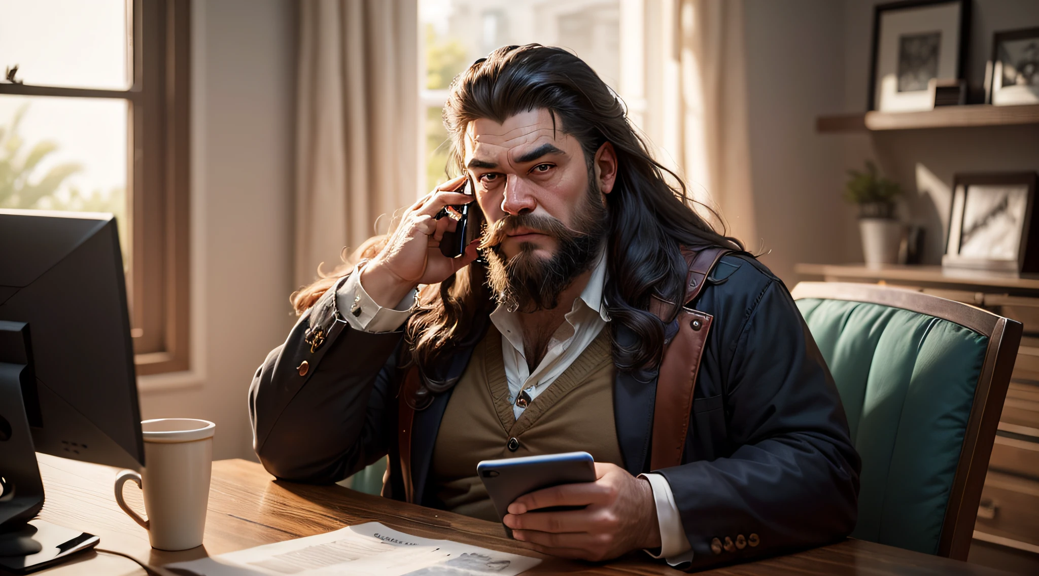 there is a man with long hair and a beard holding a cell phone, Dan dos Santos, imsorryjon, Postagem no Reddit, Chris Chan, uma foto de um homem desgrenhado, taken in the early 2020s, Similares a Hagrid, olhos pesados para o lado, roge antonio, Queijo enorme, um homem negro com longos cabelos cacheados --auto