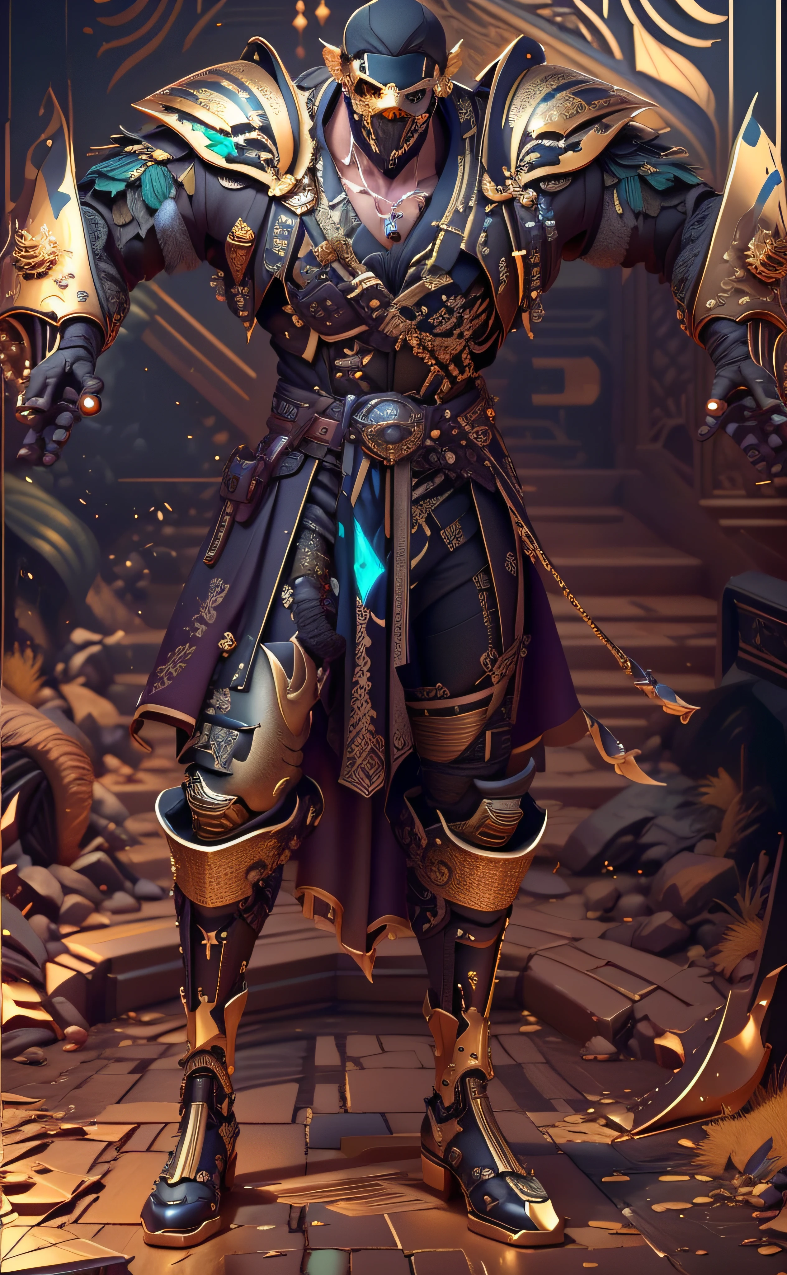 um close up de uma pessoa do sexo masculino em um traje com uma espada, luzes brilhantes na armadura, luz saindo da armadura, golden tech robes, vestes cyberpunk ornamentadas, 8k detalhe insano, cinematic full shot, rachaduras de linha brilhante na armadura, sea of thieves style, cinematic detail, com brilho em algumas de suas partes, pele azulada, 3d render em 8k, melhor qualidade, obra-prima, nikon, luz e sombras realista, 8k, ray tracing, NVIDIA, unreal engine 5,