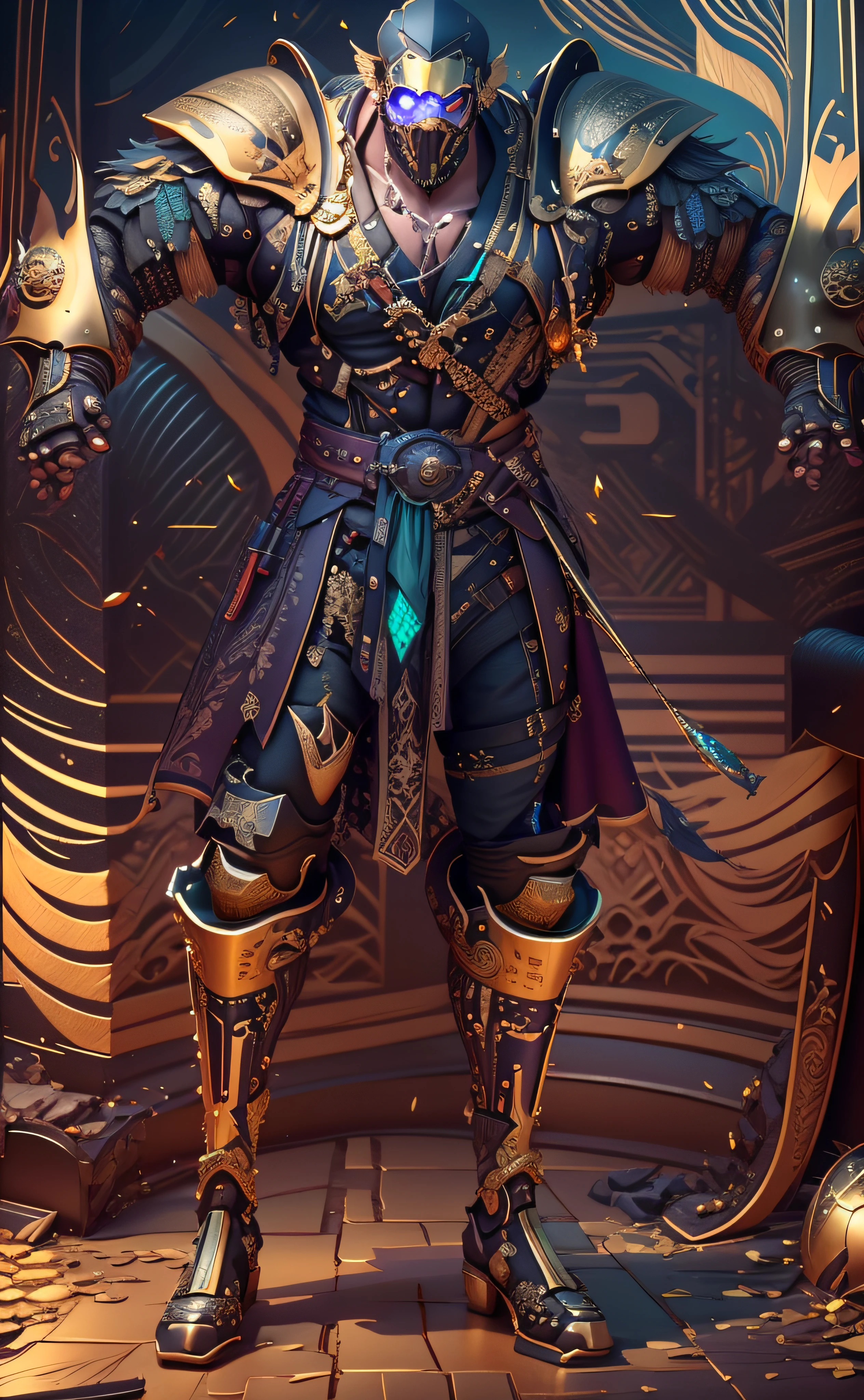 um close up de uma pessoa do sexo masculino em um traje com uma espada, luzes brilhantes na armadura, luz saindo da armadura, golden tech robes, vestes cyberpunk ornamentadas, 8k detalhe insano, cinematic full shot, rachaduras de linha brilhante na armadura, sea of thieves style, cinematic detail, com brilho em algumas de suas partes, pele azulada, 3d render em 8k, melhor qualidade, obra-prima, nikon, luz e sombras realista, 8k, ray tracing, NVIDIA, unreal engine 5,