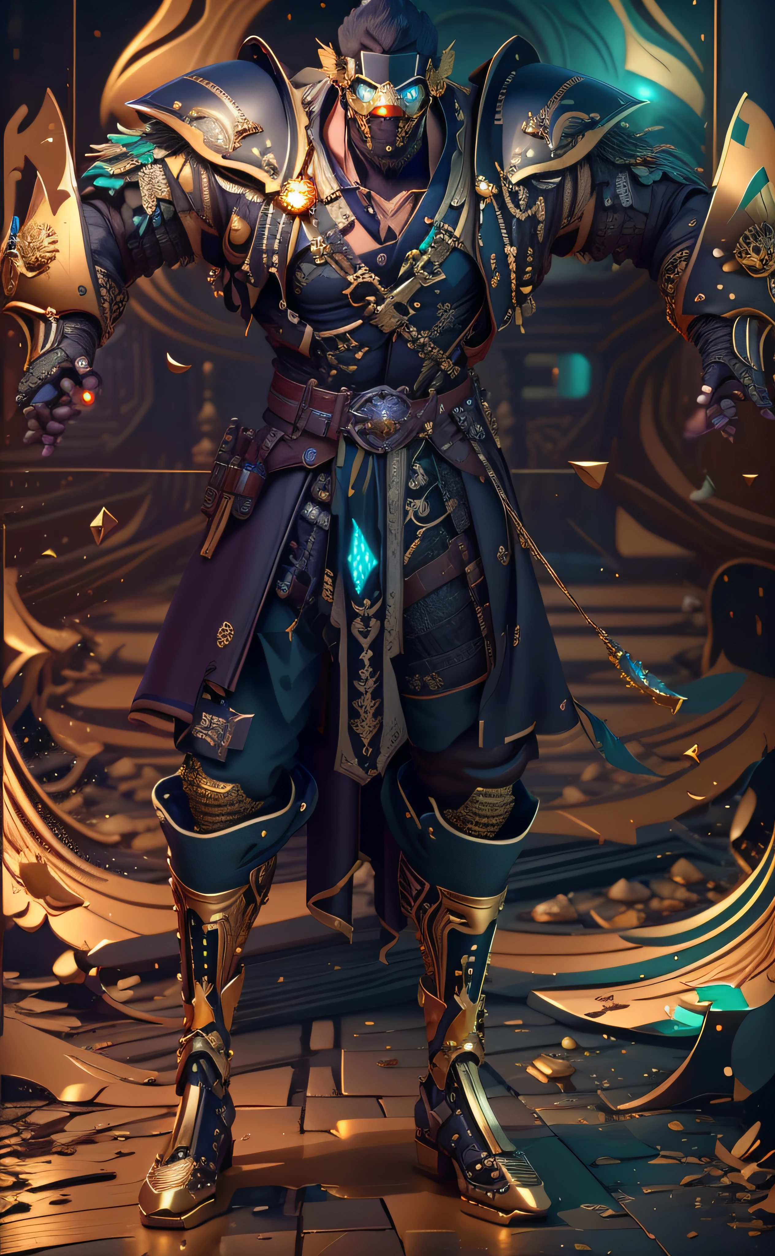 um close up de uma pessoa do sexo masculino em um traje com uma espada, luzes brilhantes na armadura, luz saindo da armadura, golden tech robes, vestes cyberpunk ornamentadas, 8k detalhe insano, cinematic full shot, rachaduras de linha brilhante na armadura, sea of thieves style, cinematic detail, com brilho em algumas de suas partes, pele azulada,  3d render em 8k, melhor qualidade, obra-prima, nikon, luz e sombras realista, 8k, ray tracing, NVIDIA, unreal engine 5,