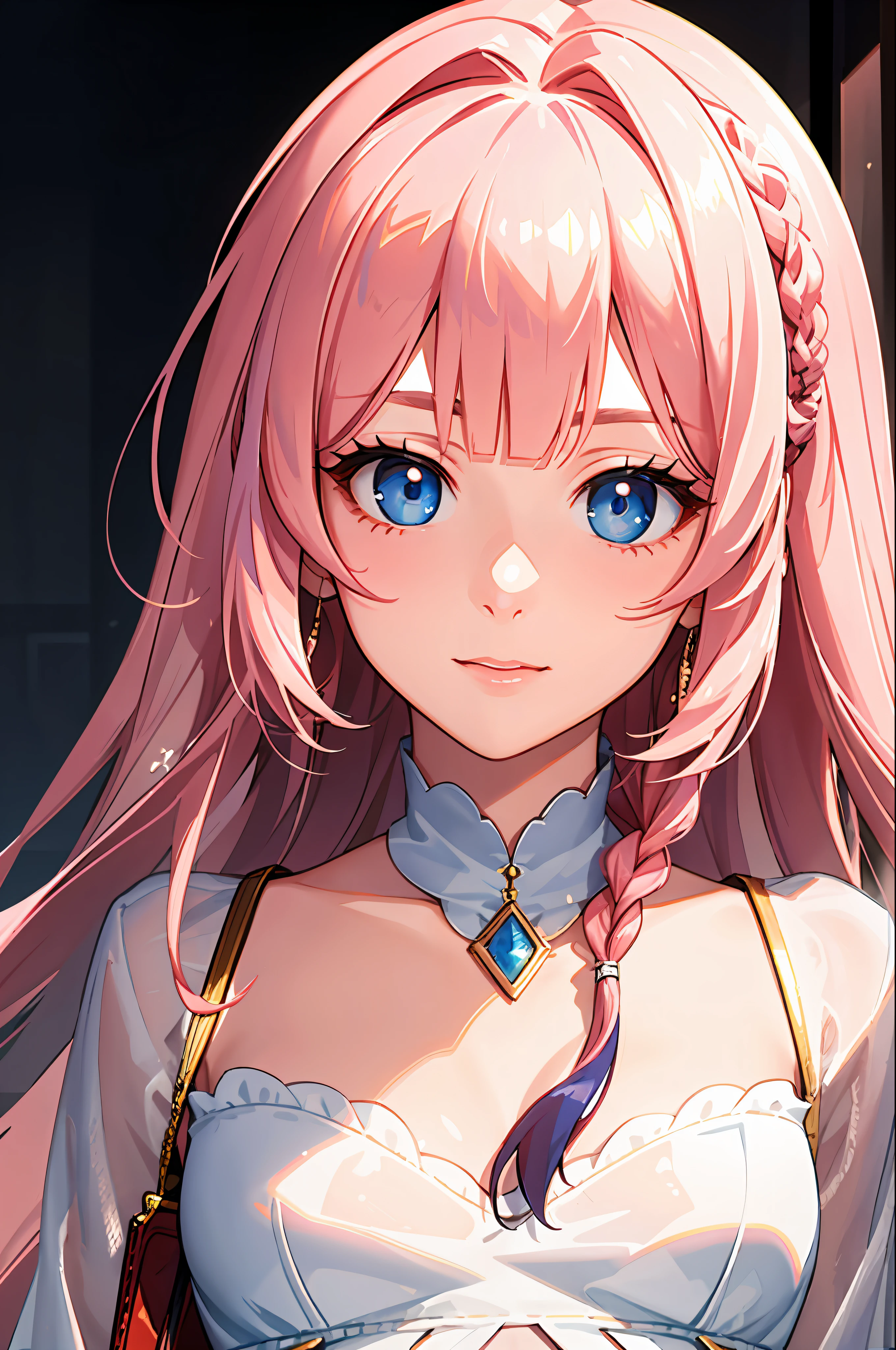 (masterpiece, sidelighting, finely detailed beautiful eyes: 1.2), masterpiece*portrait, realistic, 3d face, glowing eyes, shiny hair, lustrous skin, solo, embarassed, (midriff), pink hair, blue eyes, braided hair, blunt bangs,