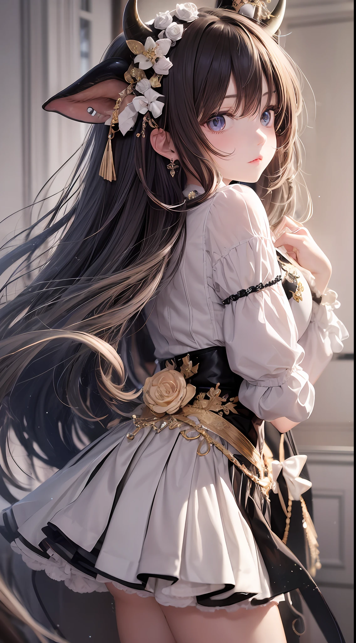 (Maste Piece) Highest quality, dreamy and delicate eyes, sharp side light, real smooth skin, Cute Anime Girl, arm warmer, horn hairpin, slim semi-dress, cow outfit with ribbon and bow.
