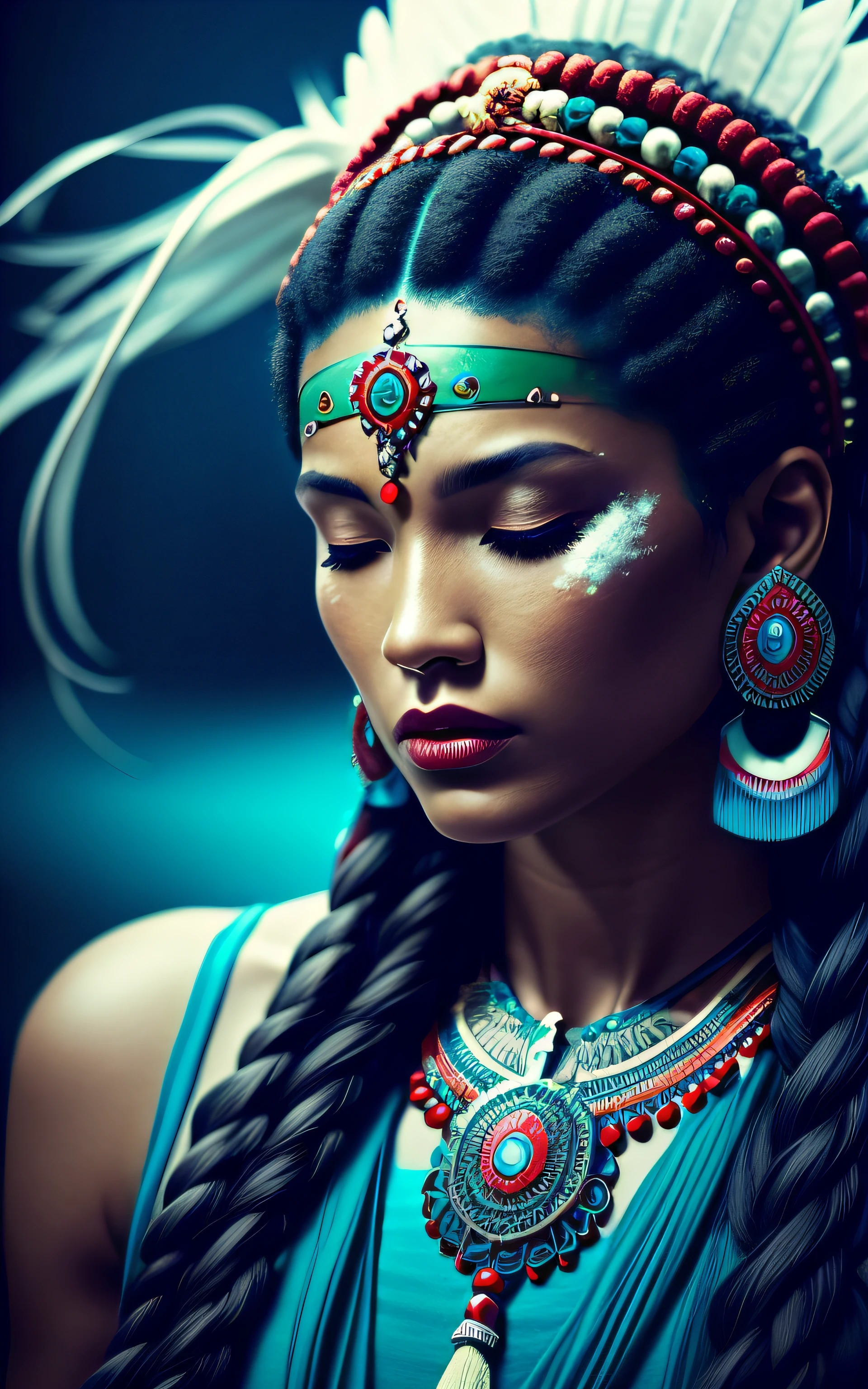 (full portrait), (half shot), solo, detailed background, detailed face, (stonepunkAI, stone theme:1.1), wise, (female), (native american), (beautiful hair, braids:0.2), shaman, septum piercing, mystical, (gorgeous face), head tilted upwards, (eyes closed, serene expression), calm, meditating, Seafoam Green frayed clothes, prayer beads, tribal jewelry, feathers in hair, jade, obsidian, detailed clothing, realistic skin texture, (floating particles, water swirling, embers, ritual, whirlwind, wind:1.2), sharp focus, volumetric lighting, good highlights, good shading, subsurface scattering, intricate, highly detailed, ((cinematic)), dramatic, (highest quality, award winning, masterpiece:1.5), (photorealistic:1.5), (intricate symmetrical warpaint),