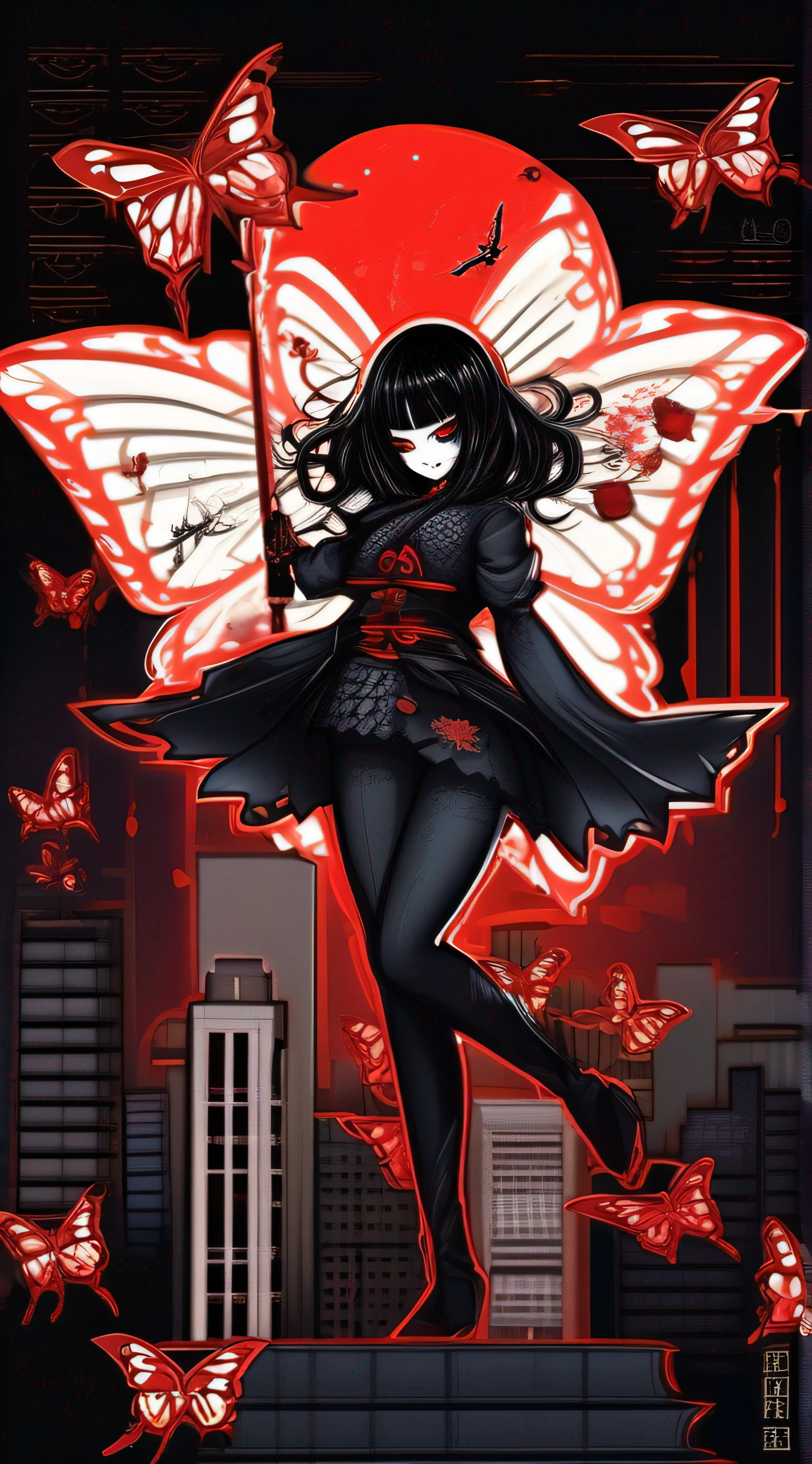 An exquisitely detailed illustration of a vampire-themed Japanese idol, wearing a ninja suit adorned with a butterfly motif, striking a dynamic pose. The scene takes place indoors, in the dark of night, with glass walls revealing the San Francisco skyline in the background. The idol has black hair and red eyes, and a smile that is both enchanting and enigmatic.