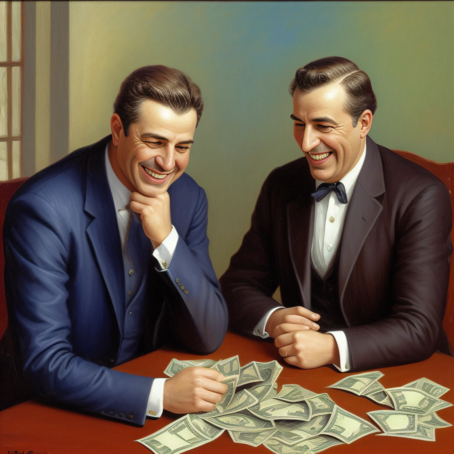 A lawyer laughing with a lot of money in his pocket talking to a man who is sad and crying. Pintura sem estilo: "impressionismo", 8K cores. Pinte com cores vibrantes e bem definidas, but in a way that the character is easily recognized and revealing the perfection of the character's facial expression.