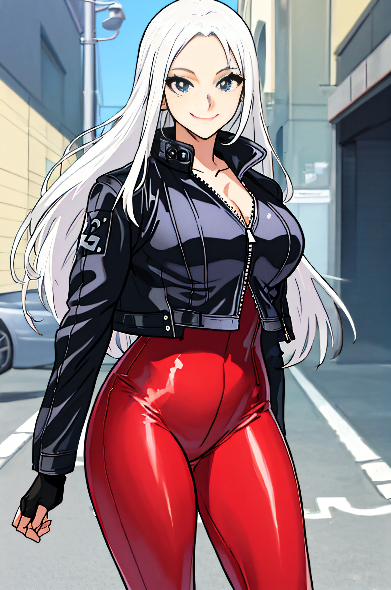 (best quality, masterpiece), 1girl, leather jacket, thighs, white hair, looking at the viewer, body suit by deibelow the jacket, seductive smile, freckles, street, anime girl, big breasts, beautiful anime girl