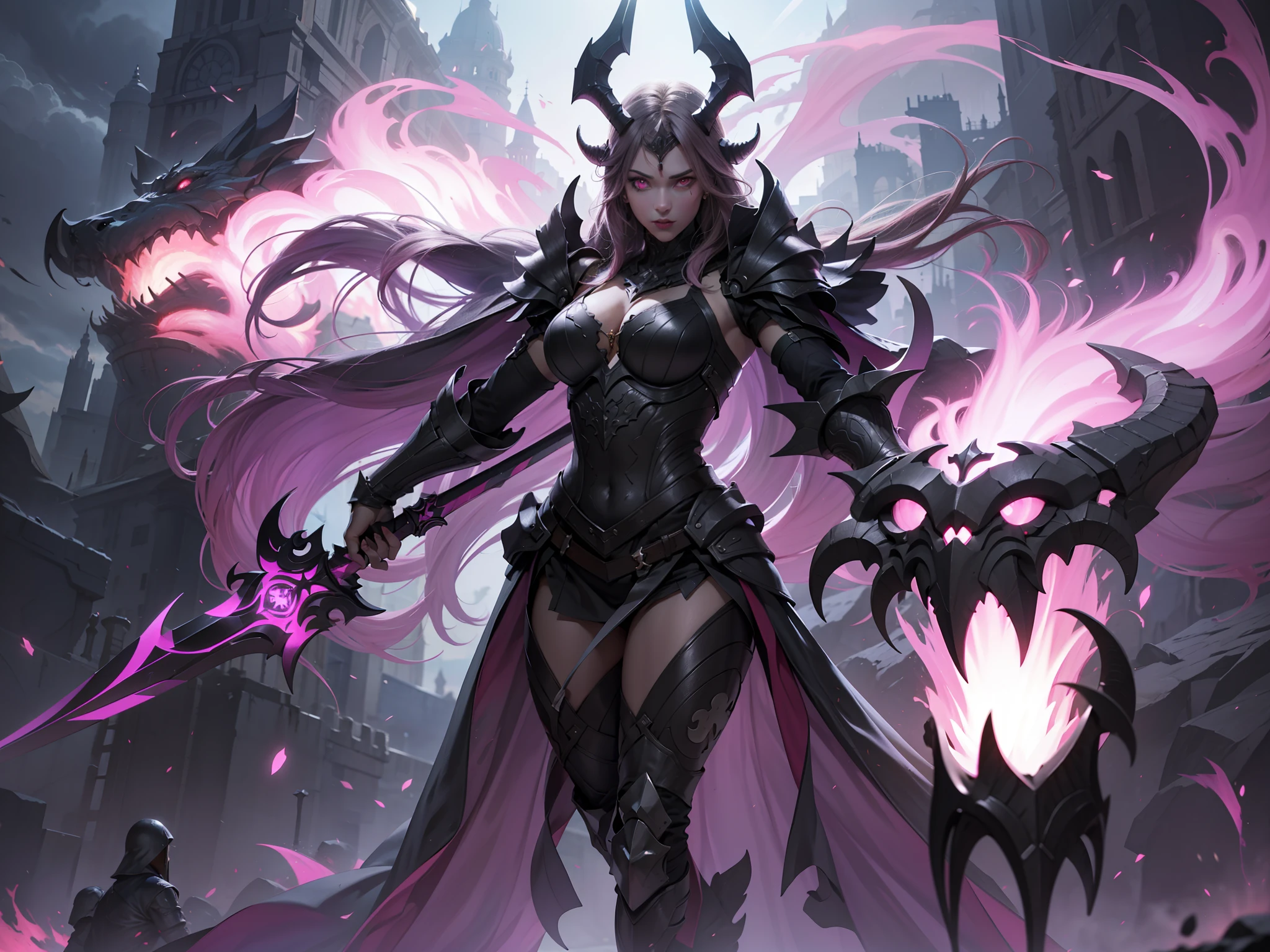 (Very detailed 8K wallpapers), medium plan,1girl, long hair, weapon, armor, sword, holding, solo, looking at viewer, holding weapon, breasts, holding sword, shoulder armor, horns, glowing, pink eyes, intricated, high detailes, dramatic