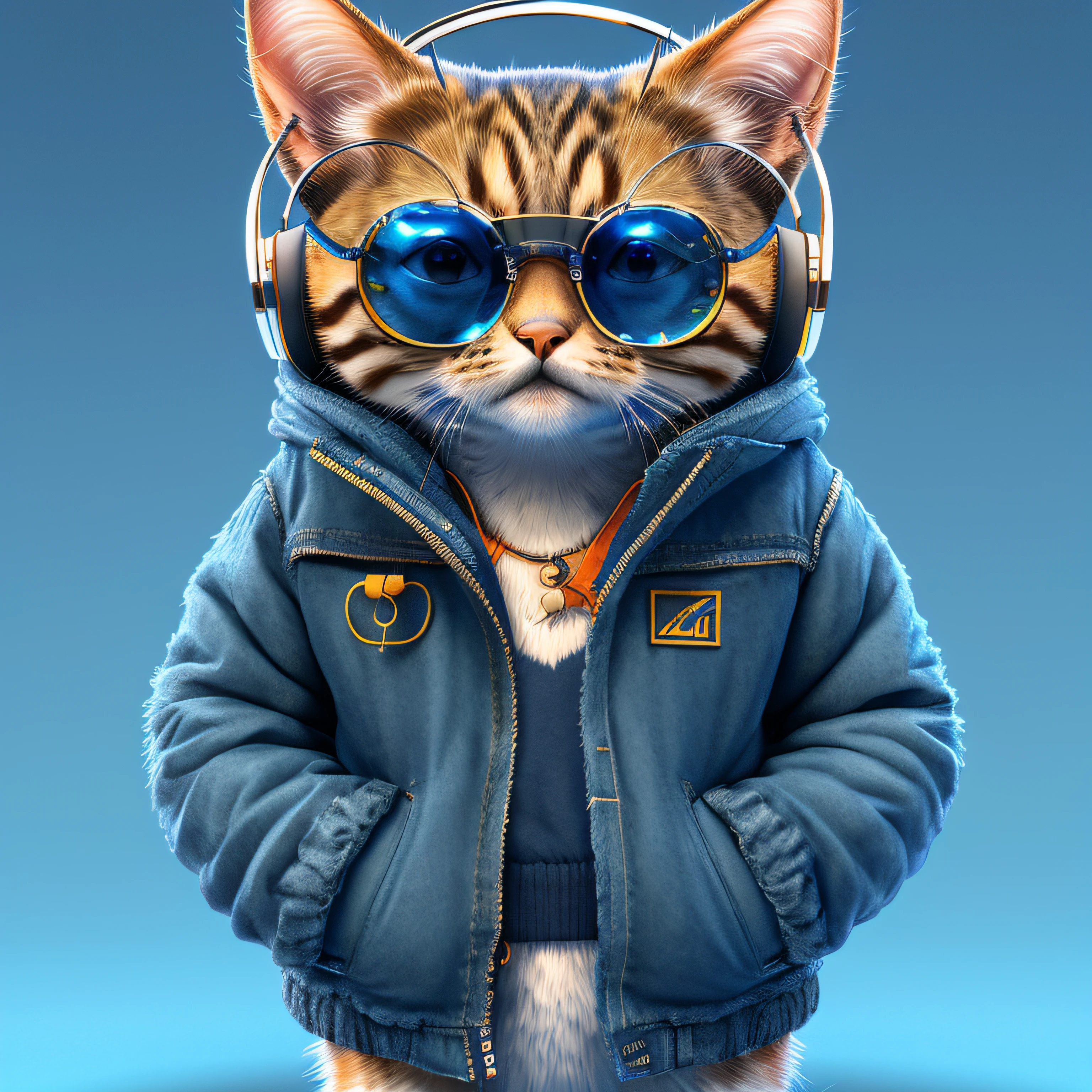 there is a cat wearing a jacket and sunglasses with a hoodie, olhando heckin legal e elegante, Fursona usando roupas estilosas, arte digital detalhada bonito, gato cyberpunk, arte digital peluda, anthropomorphic female cat, painting digital adorable, bonito 3 d render, ultra realistic 3d illustration, papel de parede de alta qualidade, arte digital bonito, inspirado em Chris LaBrooy