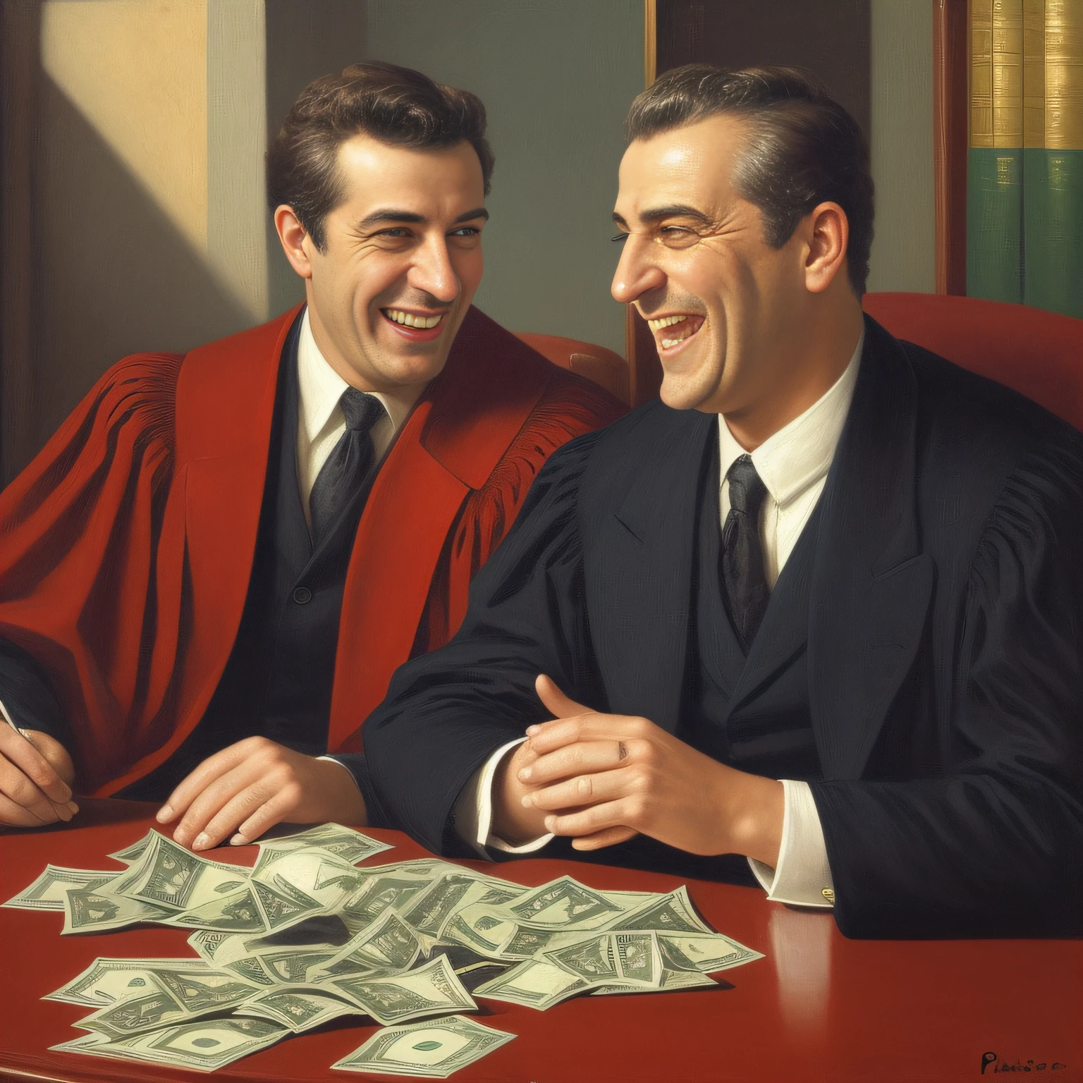 A lawyer laughing with a lot of money in his pocket talking to a man who is sad and crying. Pintura sem estilo: "impressionismo", 8K cores. Pinte com cores vibrantes e bem definidas, but in a way that the character is easily recognized and revealing the perfection of the character's facial expression.