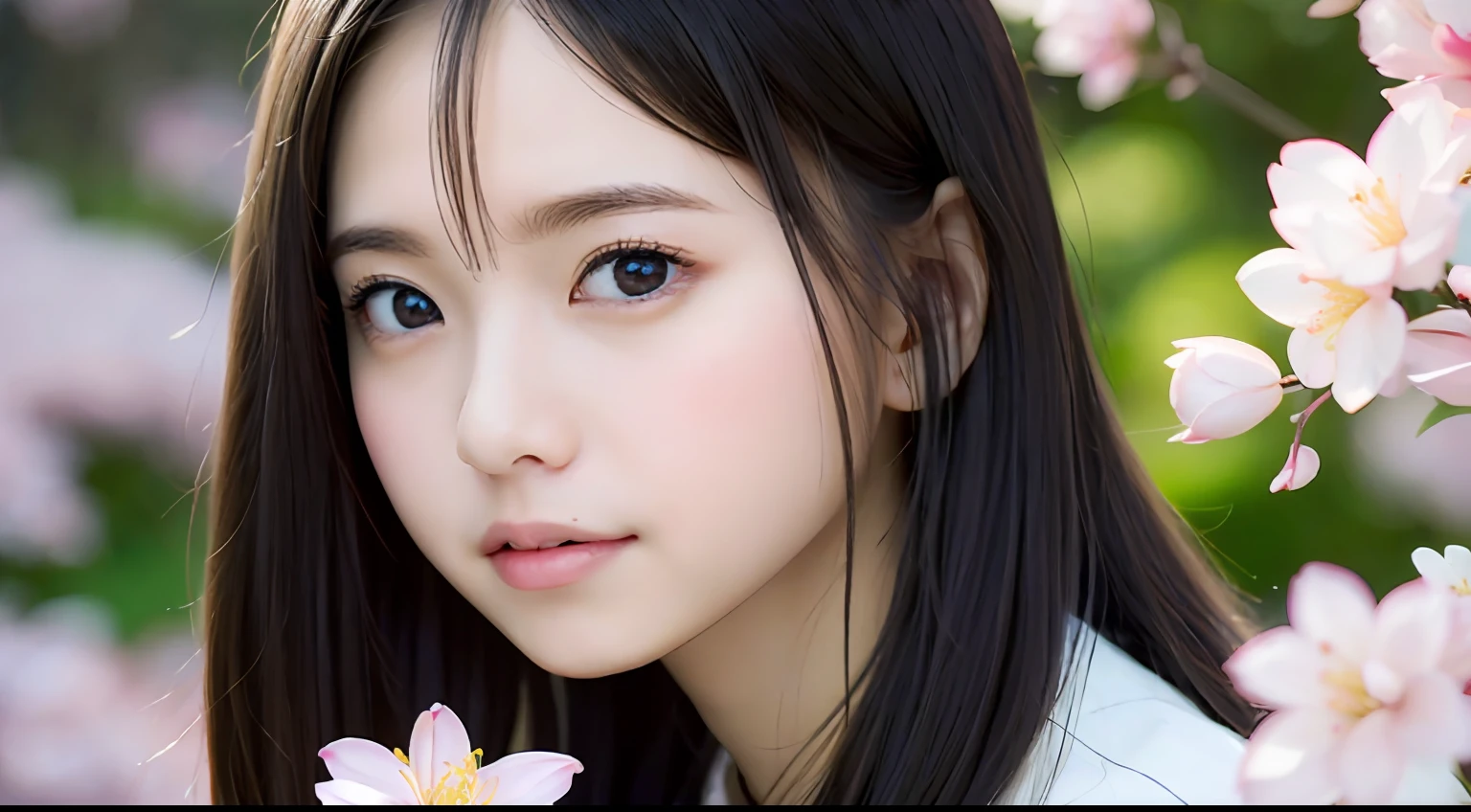 of the best quality、White Skin Skin、Real human skin、(Detailed)、oval-face、pores、UltraHighResolution、(8k、RAW Photography、photorealestic:1.4)、女の子1人、Slimed、(A person who sees with calm and goddess-like eyes)Happiness:1.2)、(lipgloss、ceyelashes、Gloss Face、of the best quality、UltraHighResolution、Wide range of lighting、Natural shading)、blanche、Glossy、Cherry blossoms、Kenrokuen Garden