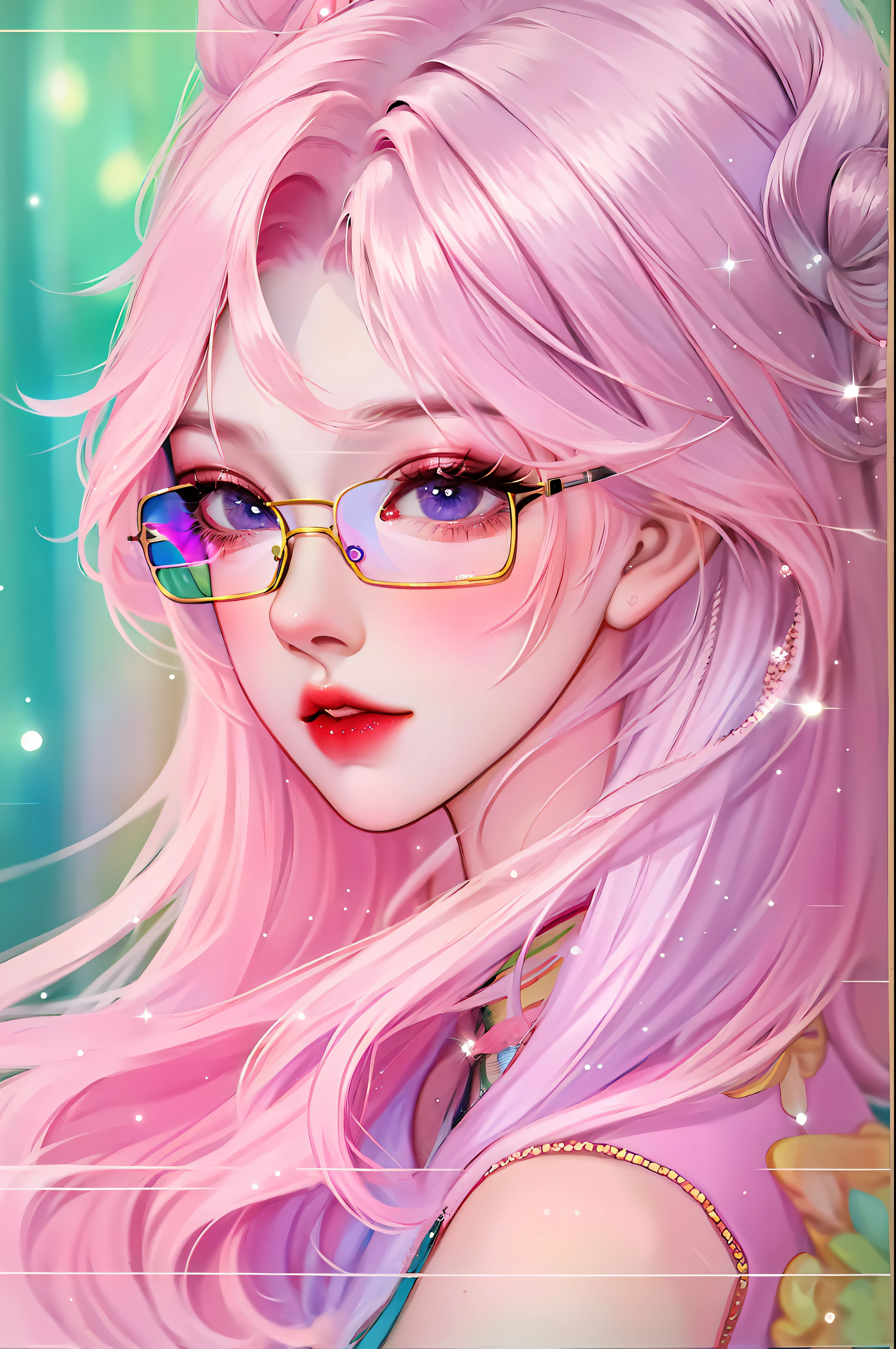Anime girl posing for photo with pink hair and glasses, Guvez style artwork, Guvez, kawaii realistic portrait, beautiful anime portrait, cute anime girl portrait, inspired by Naruhiko-kun, pink girl, cute anime girl portrait, portrait anime girl, glowing pink face, cute portrait, cute digital art, stunning anime face portrait, cute art style, 4k, 8k, ultra clear