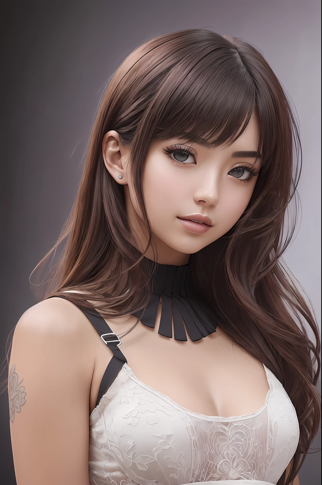Gorgeous, young Ana de Armas, star eye, blusher, (realisti:1.5), The sky, (巨作, чрезвычайно детализированные обои CG unity 8k, Best qualities, high resolucion:1.2), (ultra_detailing, UHD:1.2), (pixiv:1.3), perfect  lighting, Distinct, looking  at viewer, Unreal engine, sidelighting, picture-perfect face, Detailed Face, pretty eyes, handsome face, (Bright skin: 1.3), idol, soft smile, upper-body, (dark red hair), (Simple background), ((Dark background)), (dof) Shot with a Nikon Z7 II, Cinematic, NIKKOR Z 24-70mm f/2.8 S lens, Resolution 45.7 megapixels, ISO sensitivity: 100, Shutter speed 1/60 second --ar 16:9 --V 5.1 --style raw --q 2 --s 750