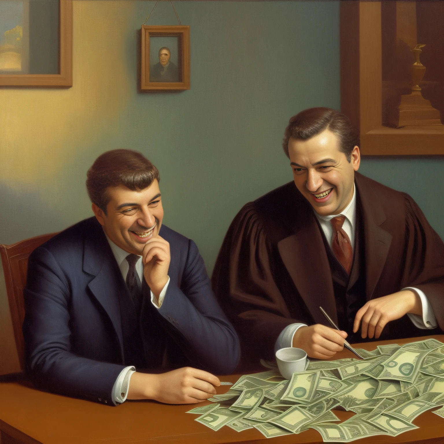 A lawyer laughing with a lot of money in his pocket talking to a man who is sad and crying. Pintura sem estilo: "impressionismo", 8K cores. Pinte com cores vibrantes e bem definidas, but in a way that the character is easily recognized and revealing the perfection of the character's facial expression.