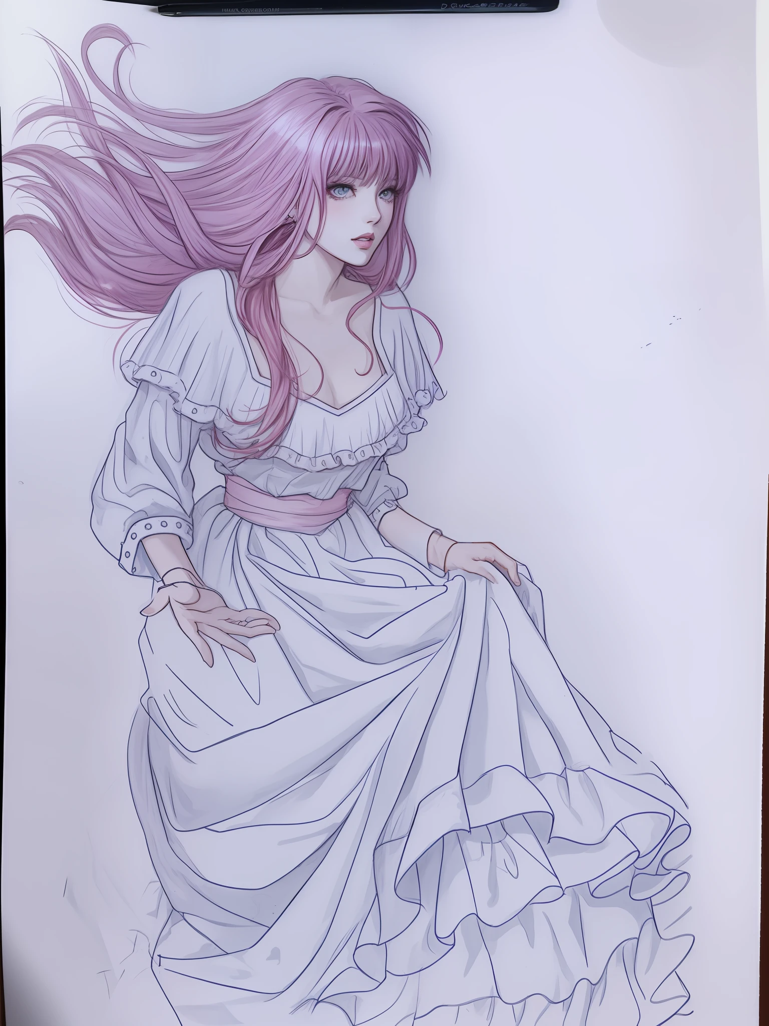 desenho de uma mulher com cabelo rosa em um vestido branco, inspirado em Naoko Takeuchi, inspirado por Rumiko Takahashi, desenho colorido, No estilo de arte de Bowater, inspirado em Tomioka Tessai, anime barbie em branco, colorful sketch, Desenhado no estilo de Mark Arian, high quality colored sketch, anime em estilo fantasia