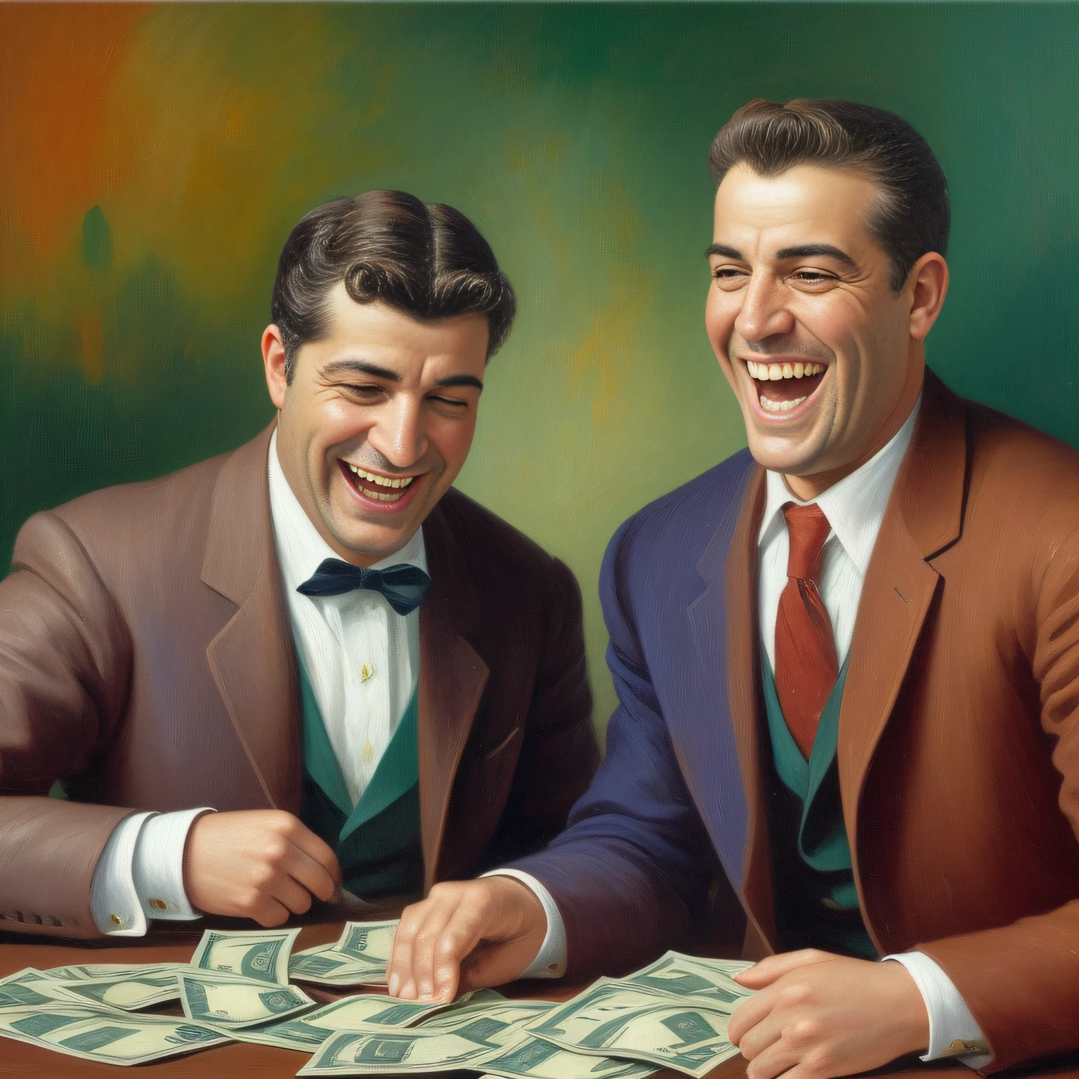 A lawyer laughing with a lot of money in his pocket talking to a man who is sad and crying. Pintura sem estilo: "impressionismo", 8K cores. Pinte com cores vibrantes e bem definidas, but in a way that the character is easily recognized and revealing the perfection of the character's facial expression.
