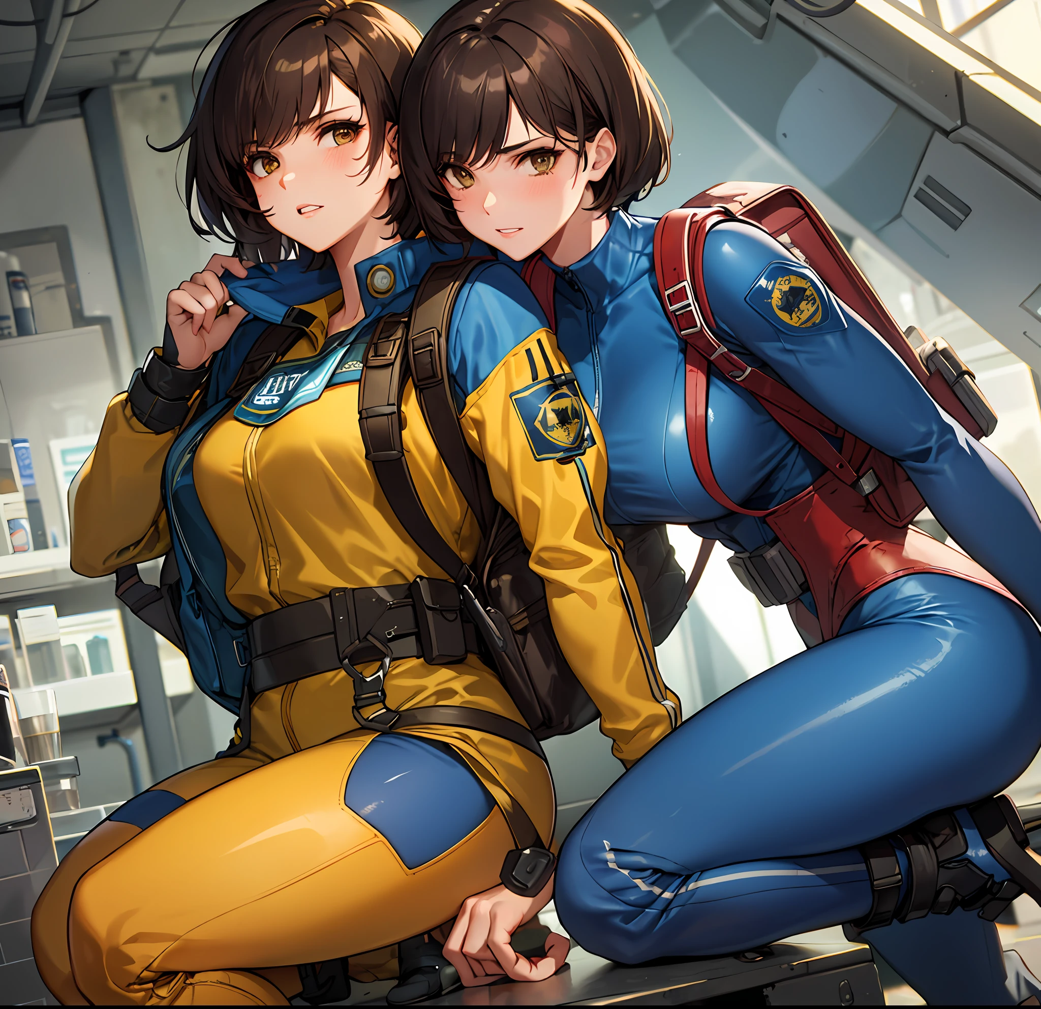 Fallout, a woman with messy brown hair, wearing a skintight vault jumpsuit, and a ragged blue metal gear bandana, brown eyes, blue jumpsuit with yellow stripes, backpack straps, fallout 3