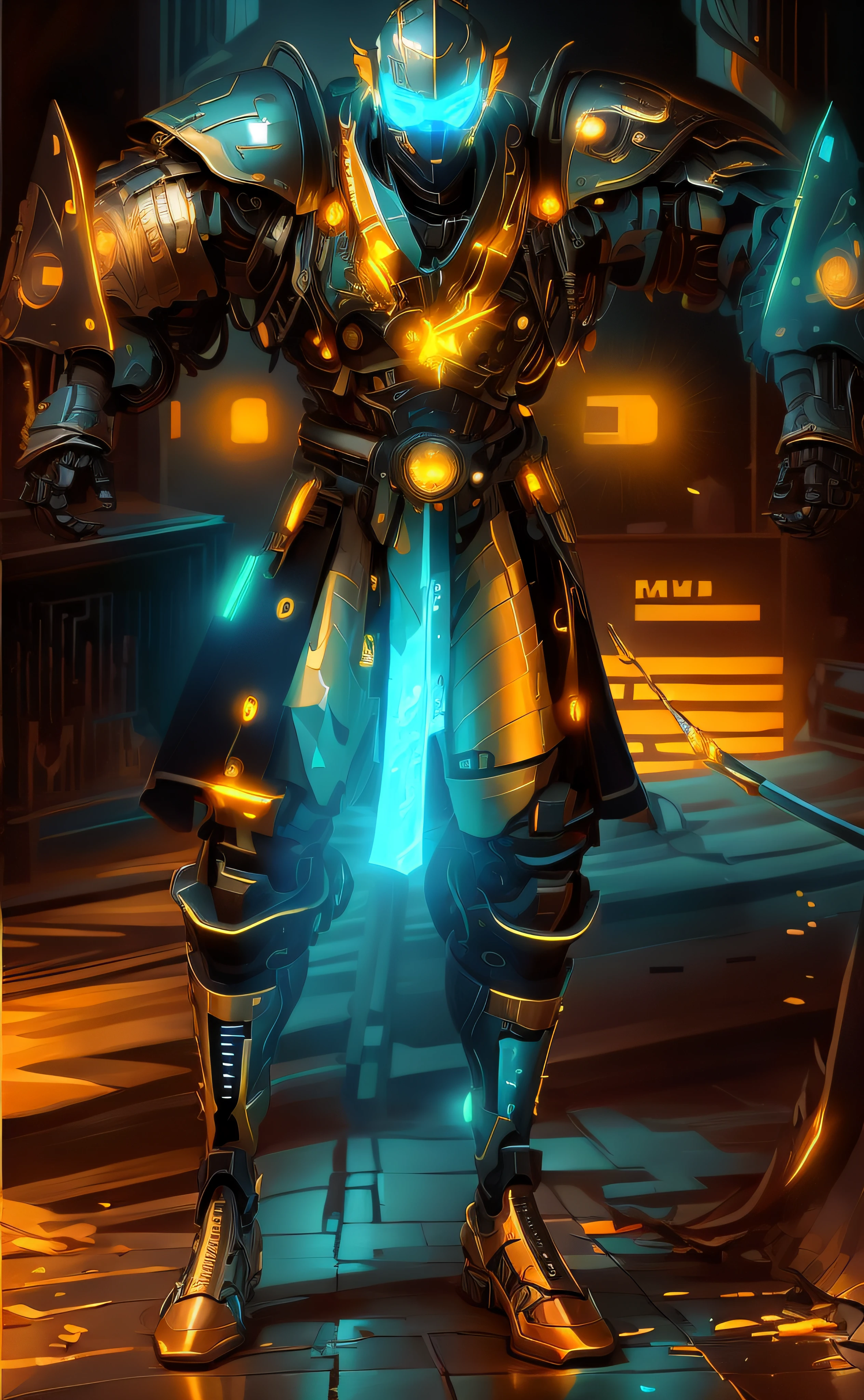 a close up of a robot with a glowing sword in a dark room, luzes brilhantes na armadura, intrincada armadura mecha brilhante, neon scales and cyborg tech, luz saindo da armadura, orange and cyan lighting, Traje de chama cyberpunk, clothed in cyber armour, Papel de parede solarpunk 4k, brilho cyberpunk brilhante, cybernetic flame armor