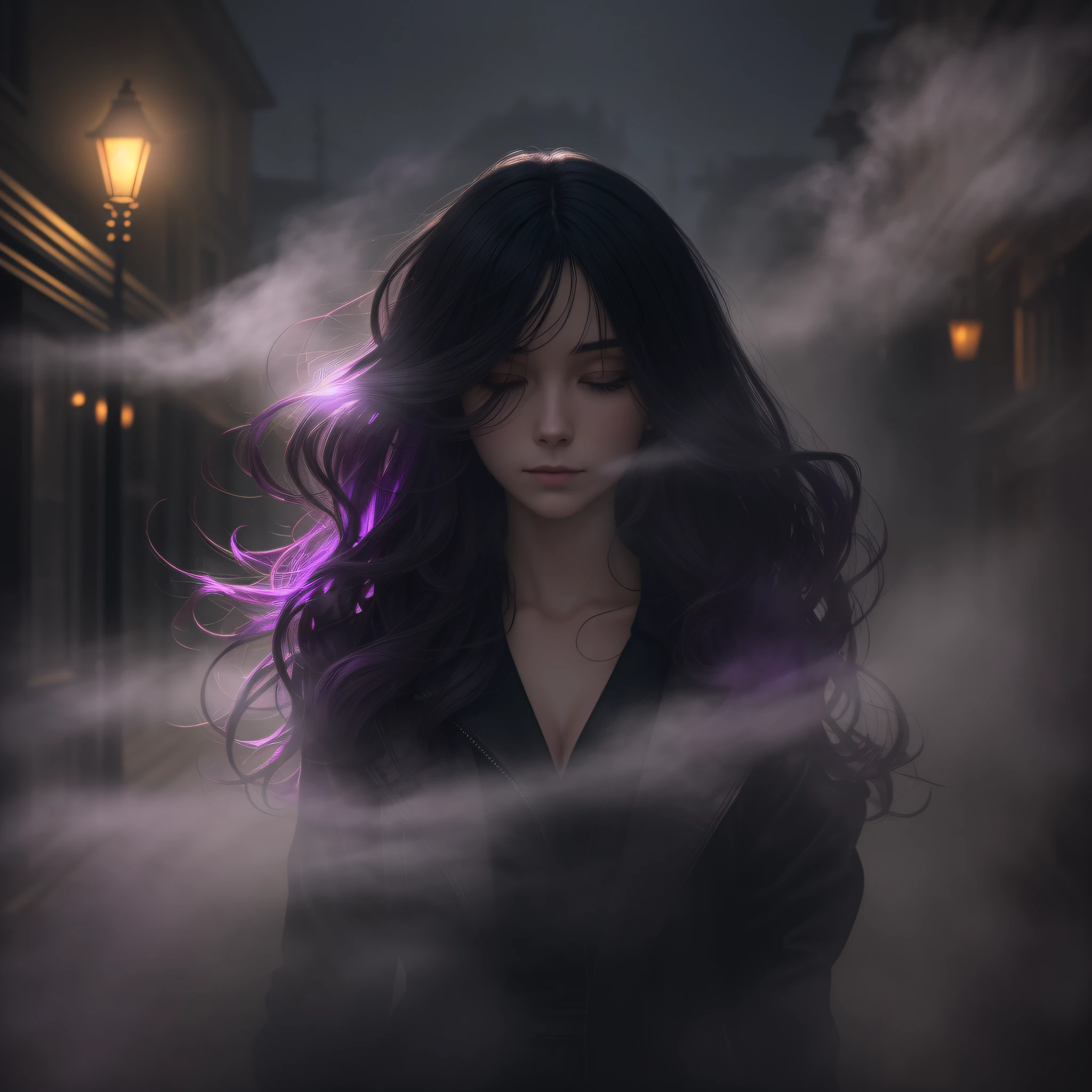 Woman walking head-on down a road at night, with fog and shadows, wavy and long black hair, hand hidden, high quality, ultra-detailed, 8k, masterpiece, (volumetric lighting), black magic, fanciful, lilac colors, purple, black and vivid shadows on the woman's return. --auto --s2