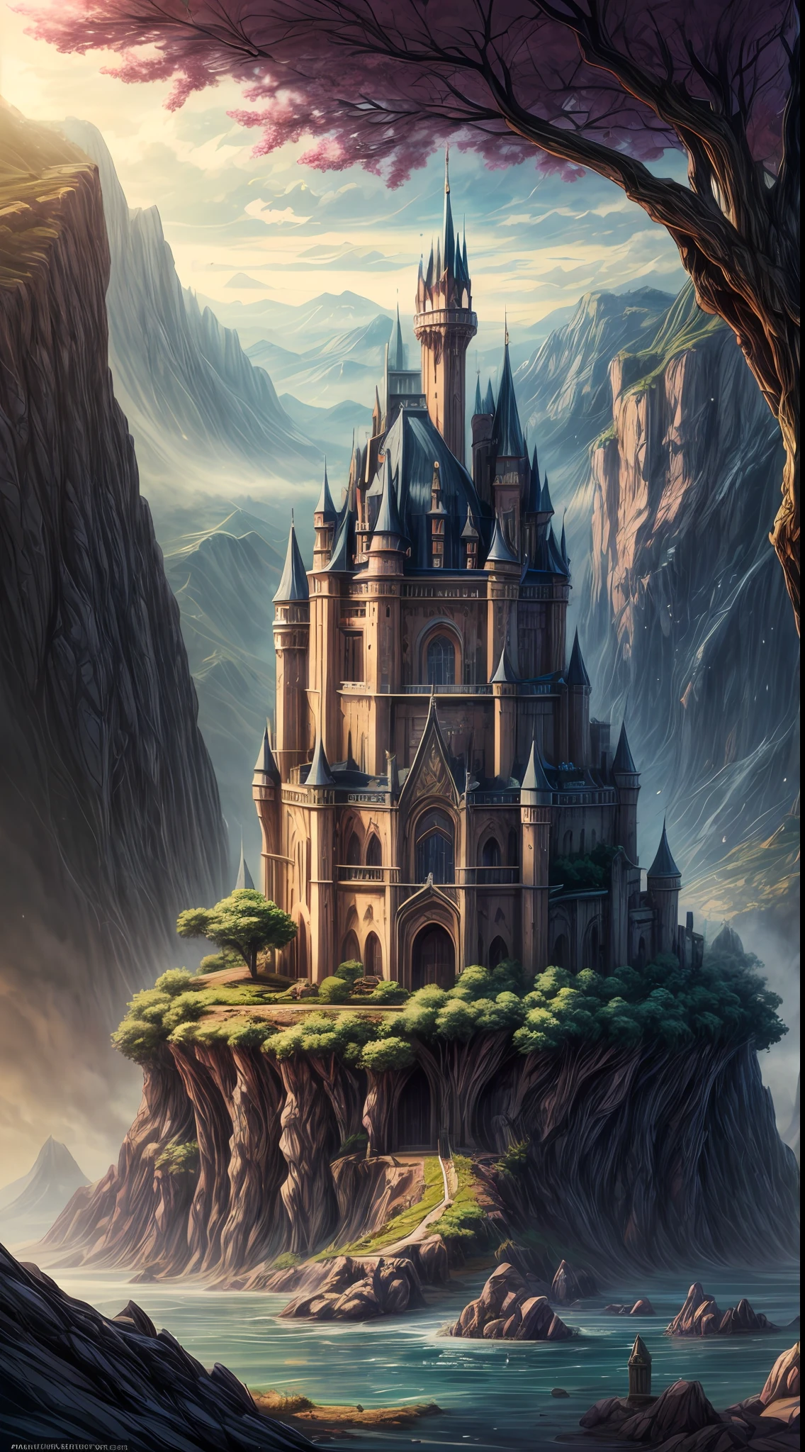 anime scene of a tree with a castle in the background, concept art by Kamagurka, pixiv contest winner, fantasy art, anime background art, anime concept hdr anime macmanus, 4k highly detailed digital art, background artwork, anime epic artwork, anime scenery concept art, 4k detailed digital art, made of tree and fantasy valley, (add_detail:1)